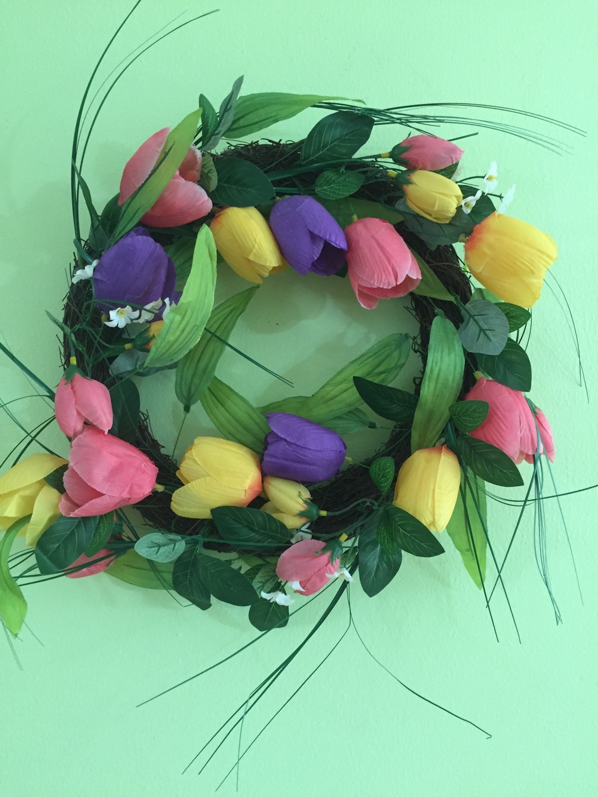 Beautiful Bright Floral Pink Purple Yellow Tulip Spring Door Wreath Door Decor