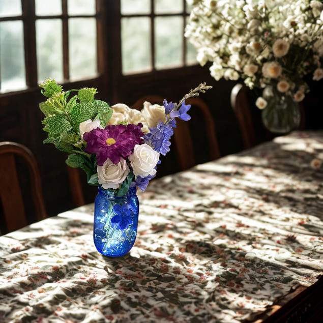 Purple White Rose Faux Floral Arrangement Blue Mason Jar LED Lights Home Decor