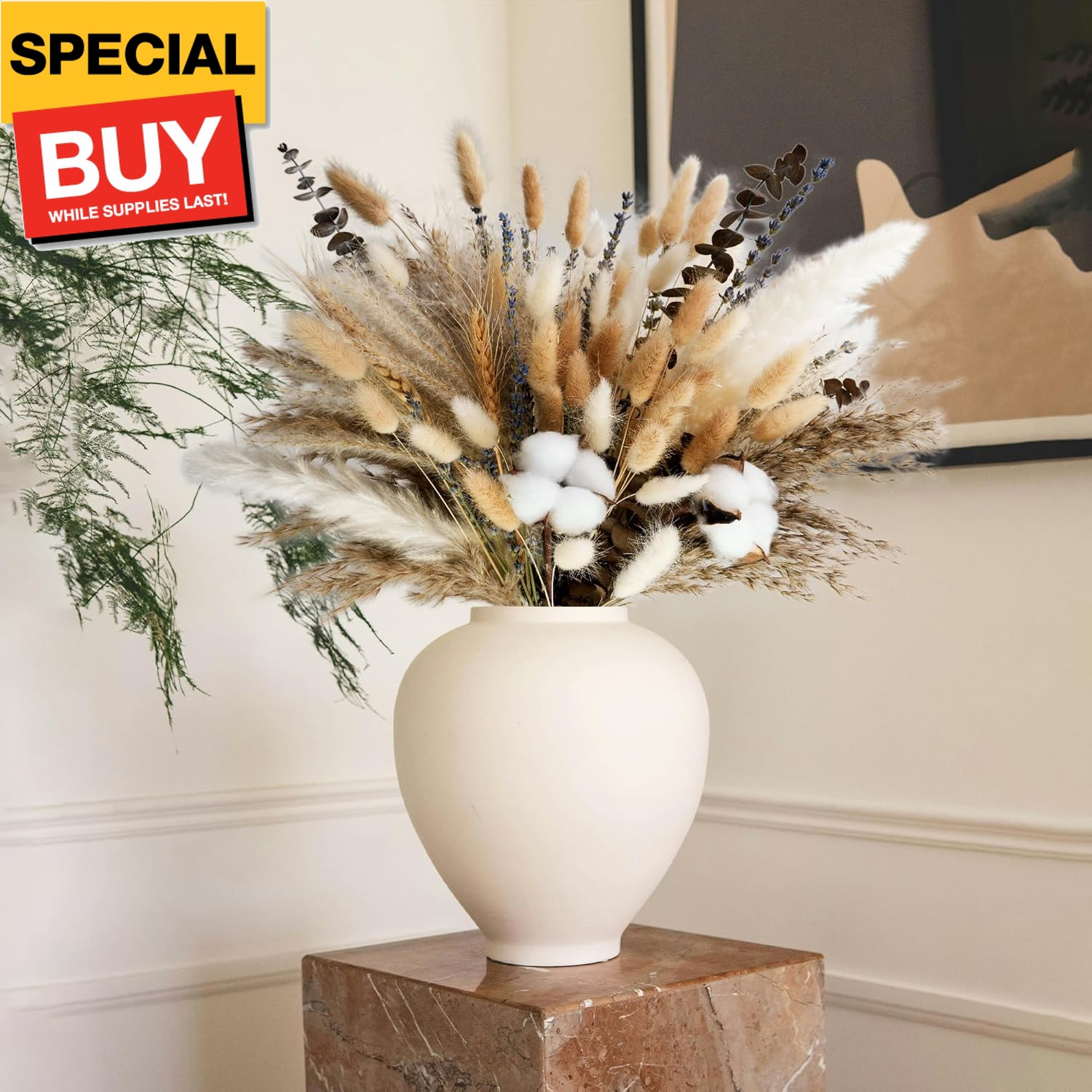 Natural Dried Flower Bouquet – Pampas Grass, Cotton Stems, Bunny Tails, Eucalypt