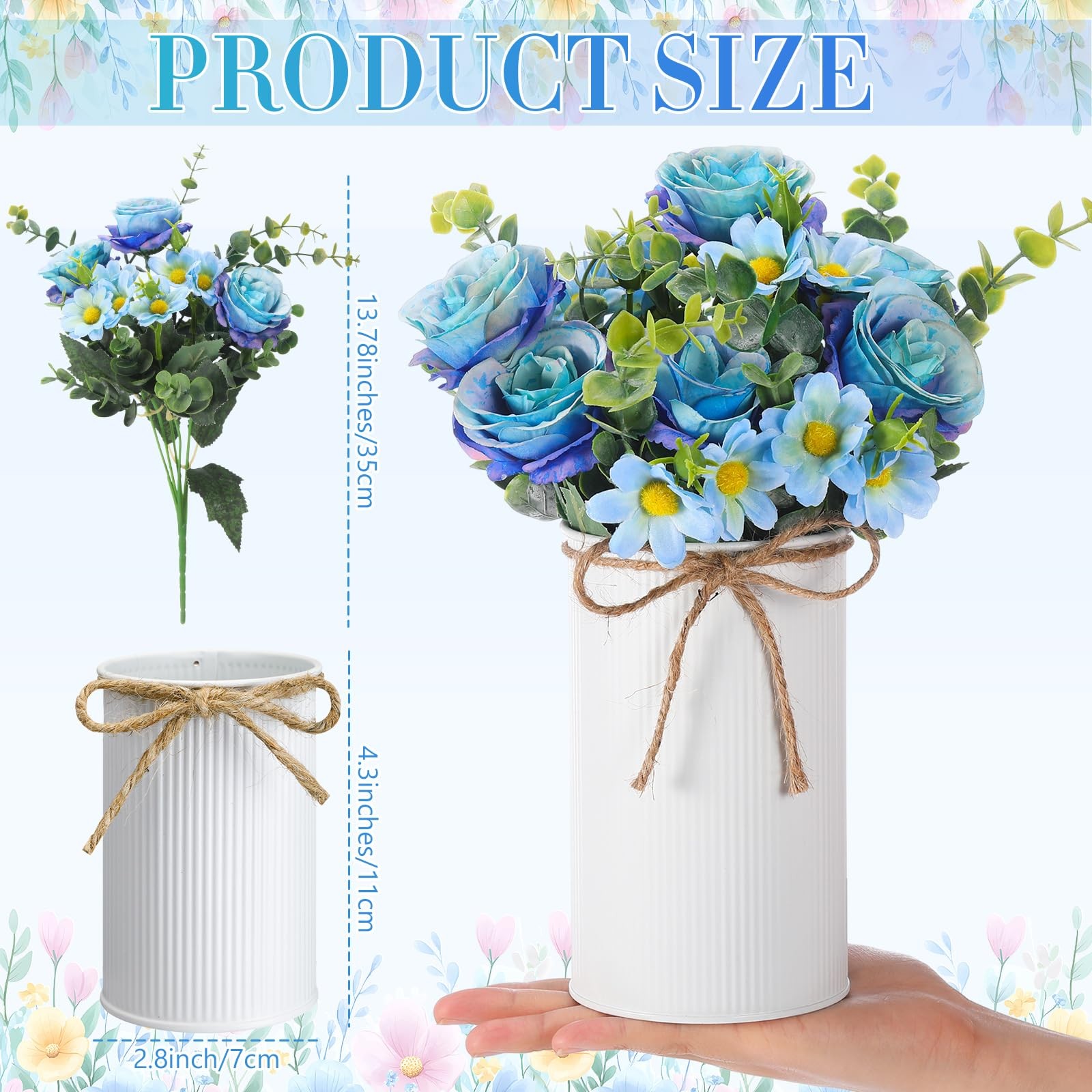 6 PCS Wedding Centerpiece Table Decor Blue Artificial Rose Flower Metal Vase
