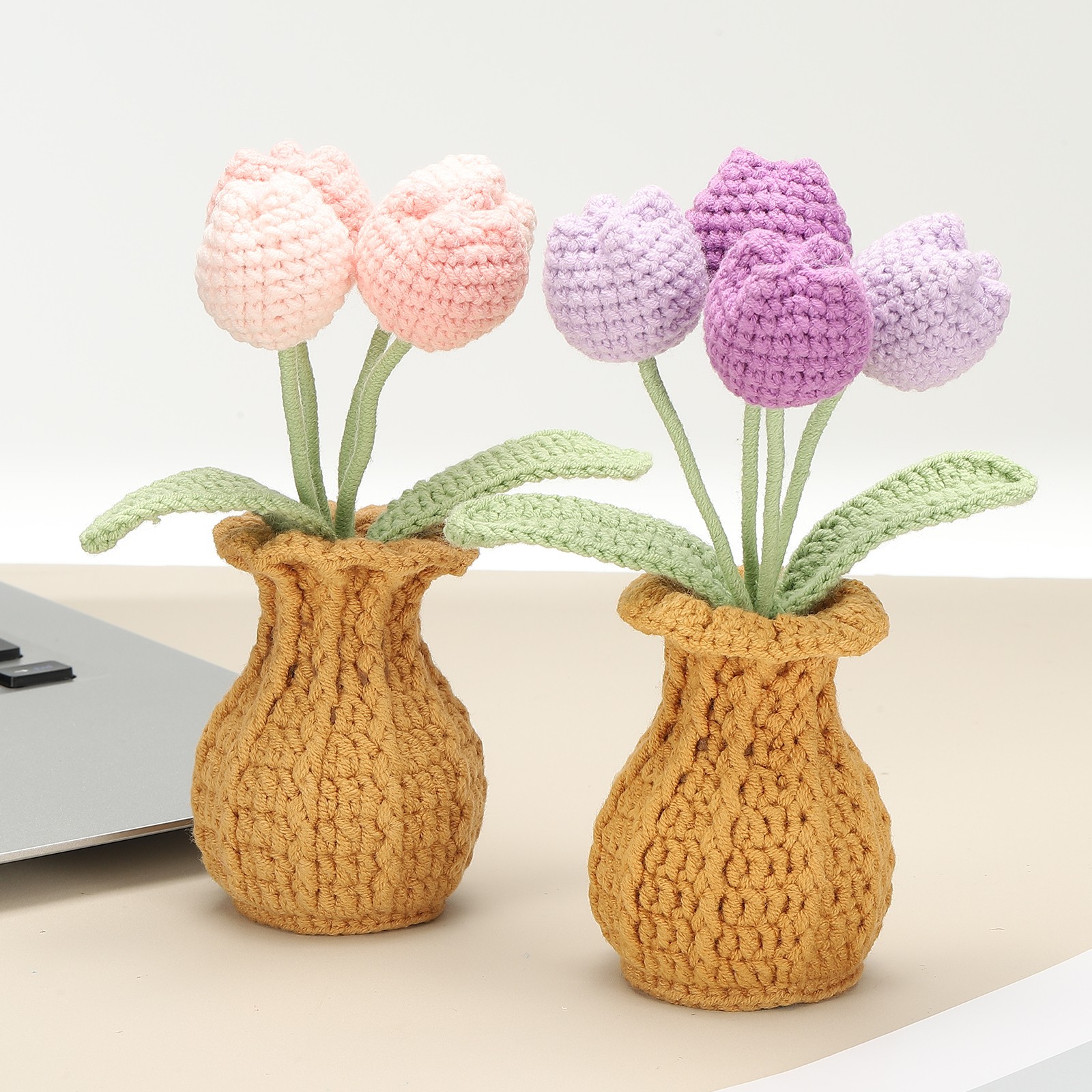 Crochet Flowers Tulip Artificial Flowers Little Potted 4 Flowers Gradient Pink