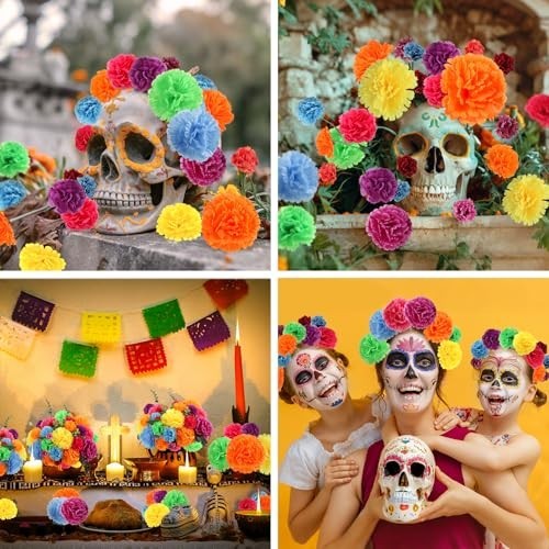 108pcs Silk Marigold Flower Heads with Stems – Mixed Colors for Dia de los Muert