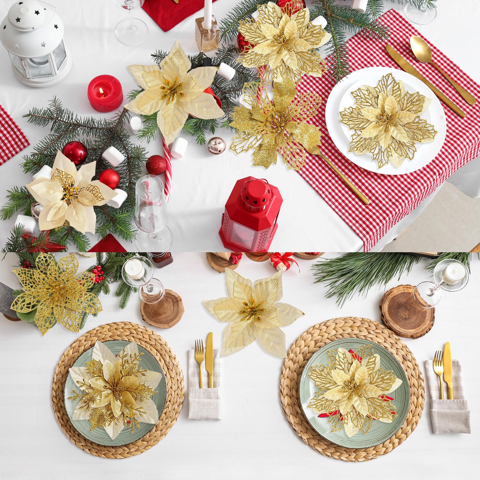 Christmas Glitter Poinsettia Flowers Ornaments Ribbons Sticks 26 PCS Set