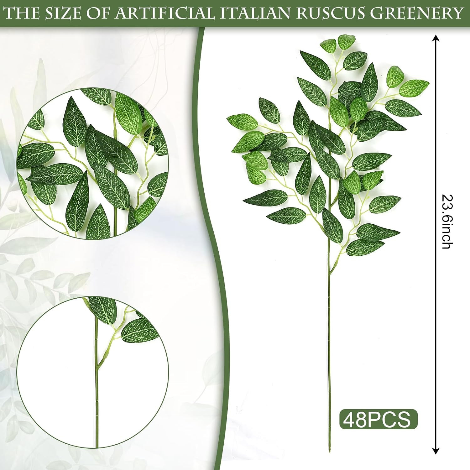 48 PCS Artificial Italian Ruscus Greenery – Fake Silk Green Leaf Stems for DIY W