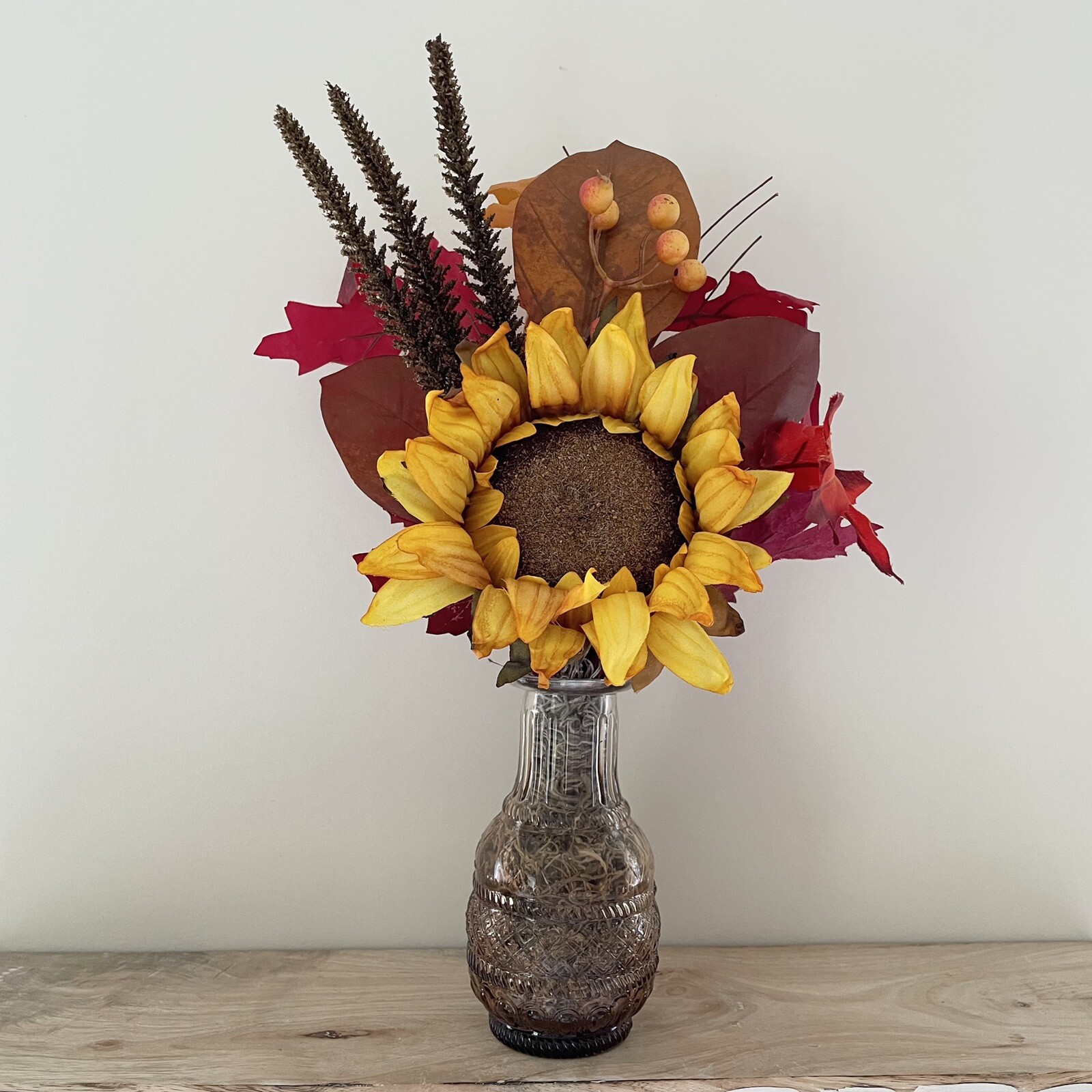 Handmade Artificial Sunflower Fall Leaves Arrangement in Amber Glass Vase