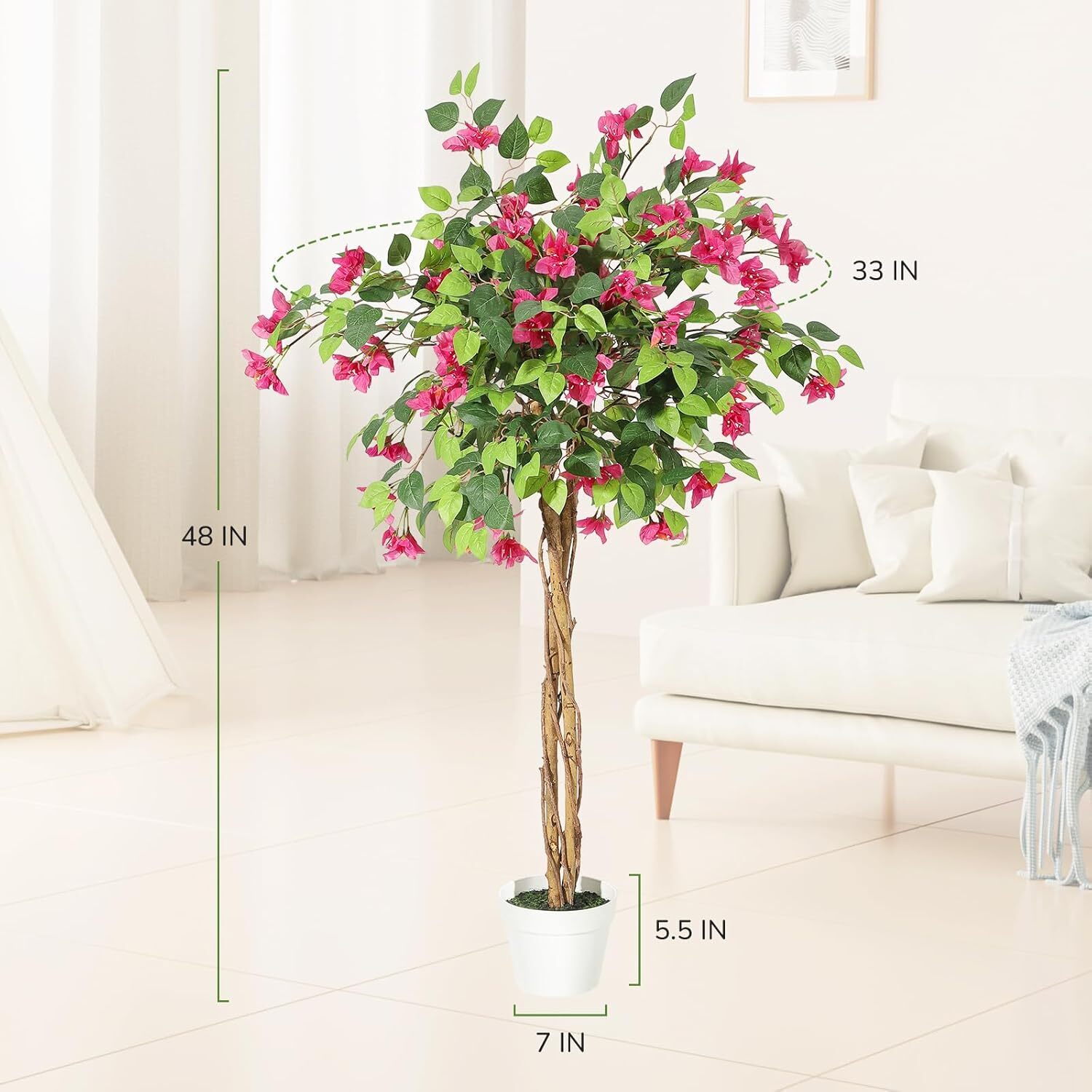 4/5/6FT Artificial Bougainvillea Tree Faux Tree with Wood Trunk and Pink Flowers