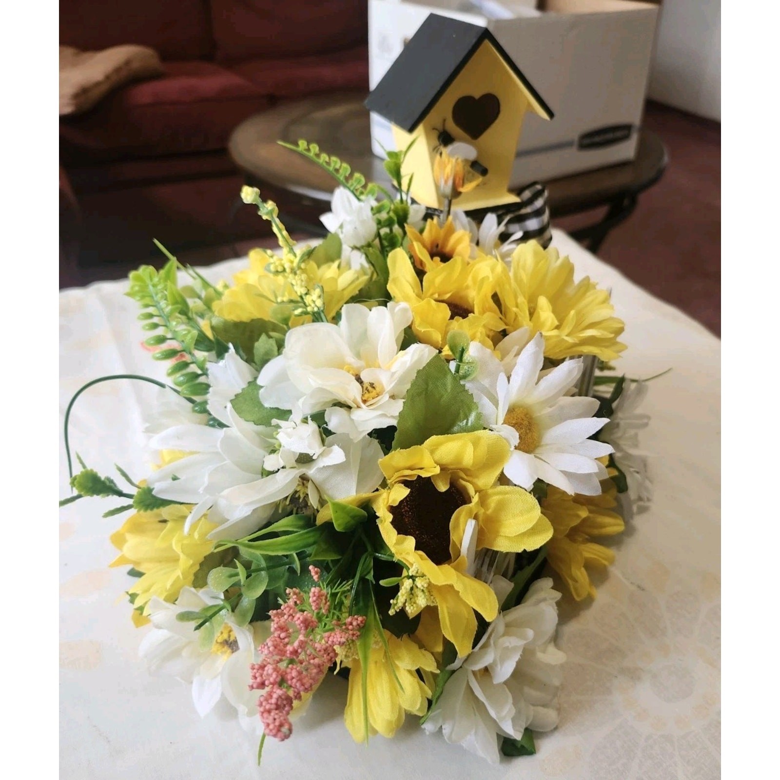 Bee Bird House Artificial Floral Arrangement Centerpiece Sunflowers Handmade