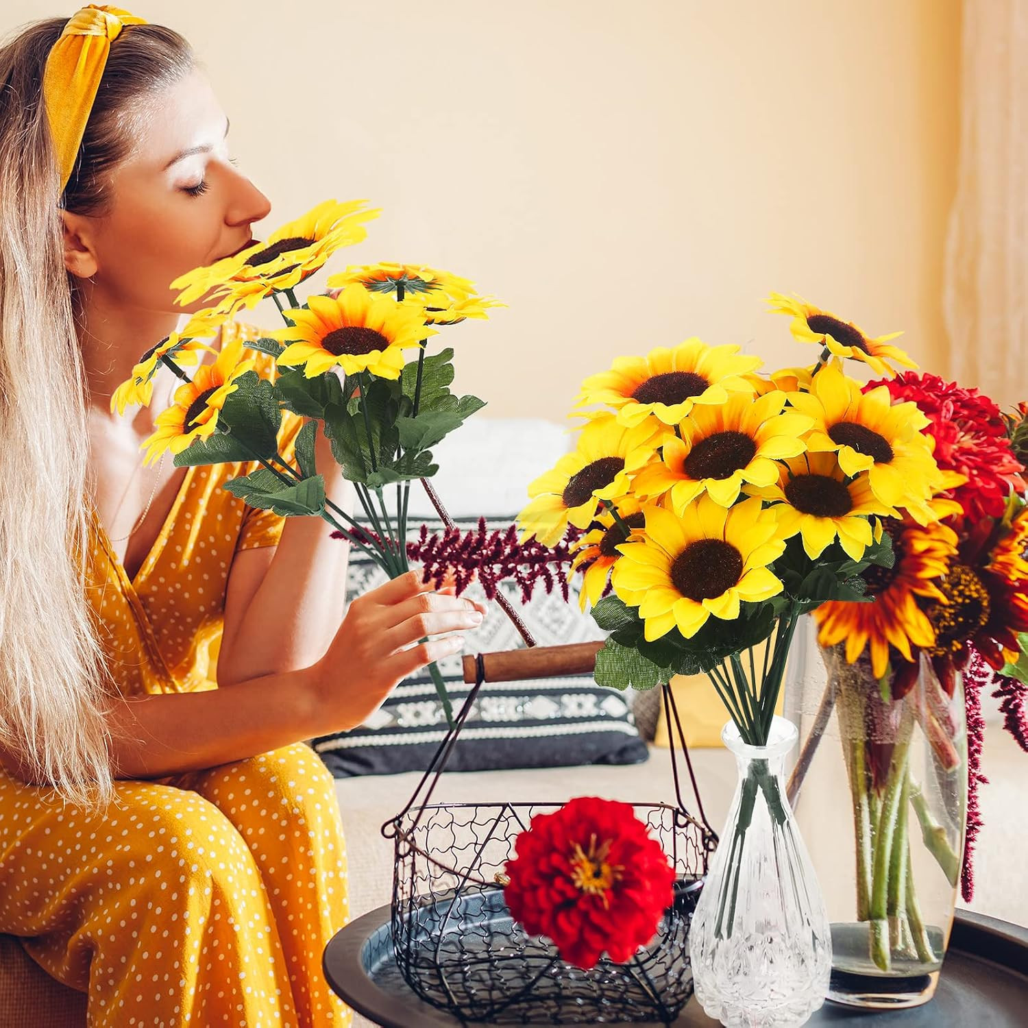 24 Bundles Yellow Sunflower Faux Mums – UV Resistant Outdoor Decor Bulk