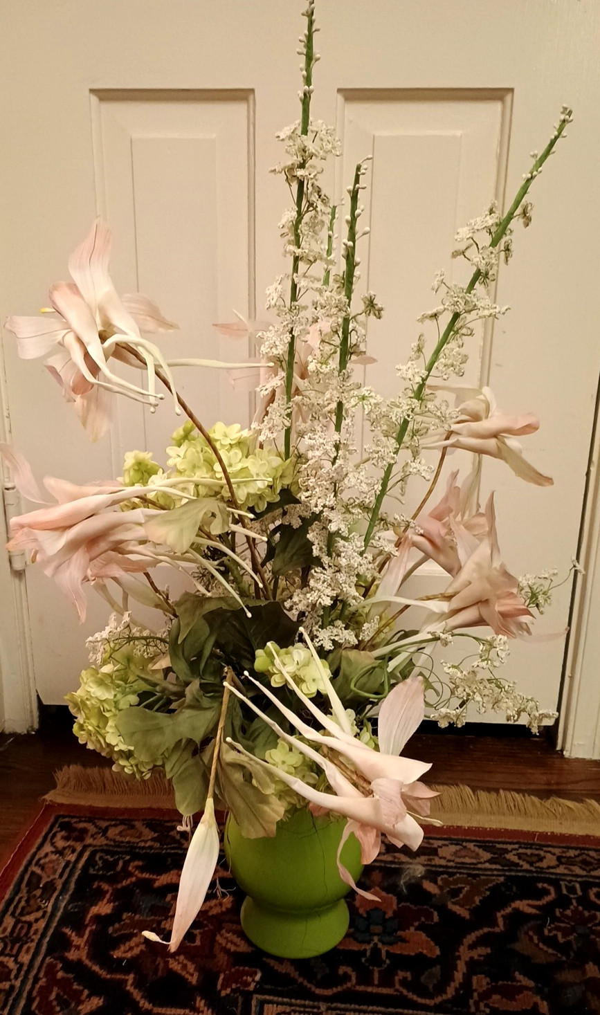 Pink Lily Delphinium Hydrangea Faux Silk Flower Arrangement Floral Green Vase