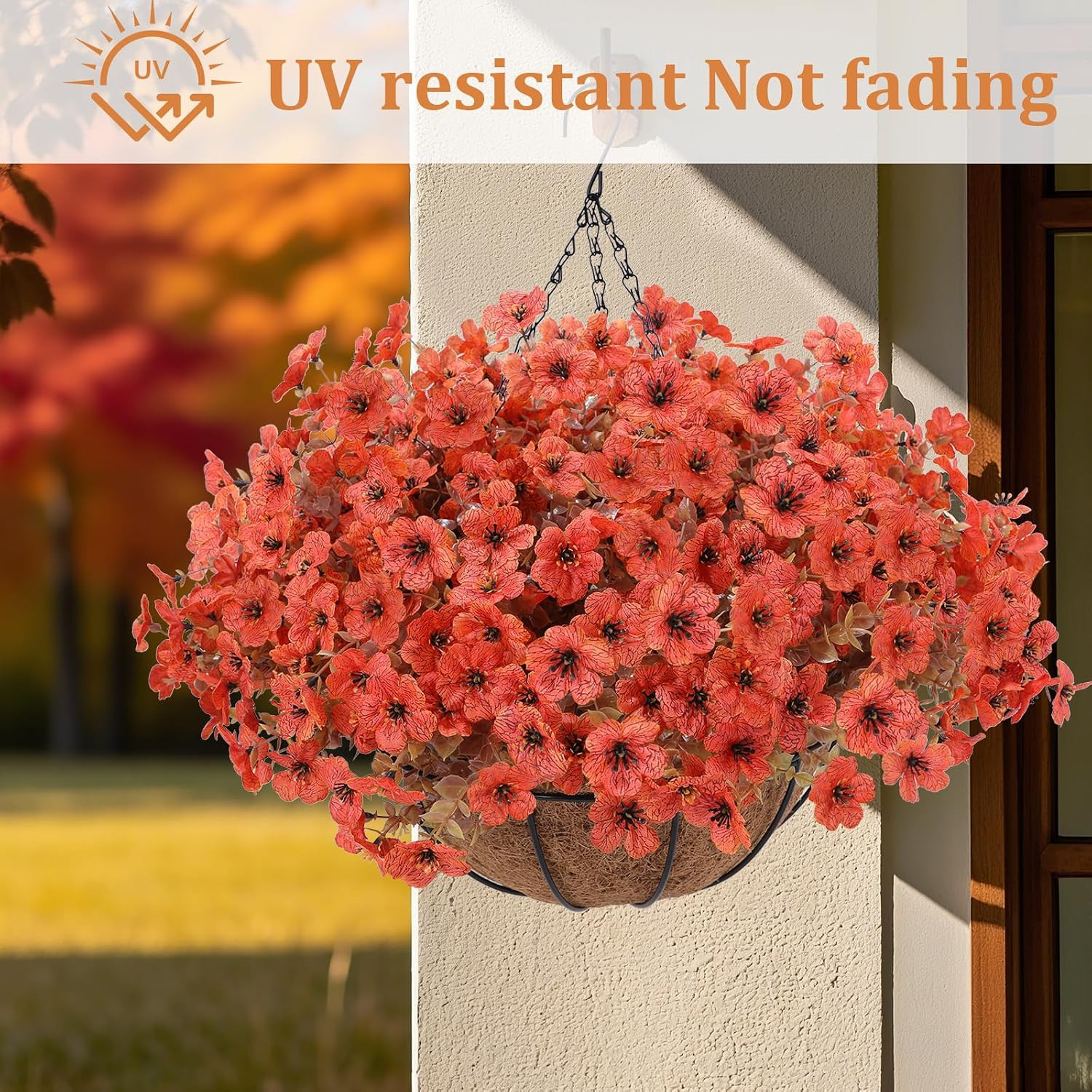 Artificial Hanging Basket Flowers, 24 Pcs Orange Mums, UV Outdoor Flowers | Look