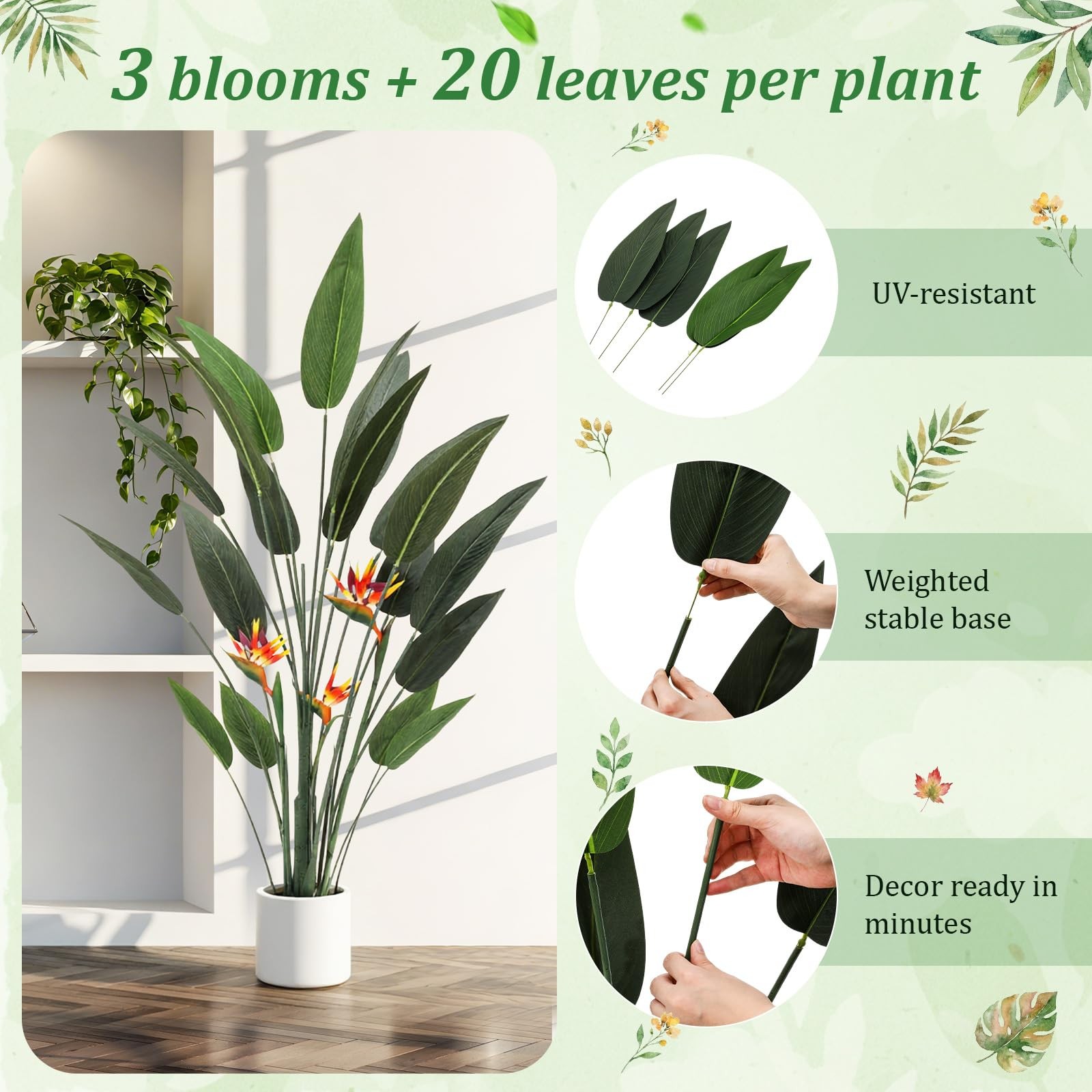 2 Pcs 5 ft Artificial Bird of Paradise Plant Faux Banana Leaf Tree Tall Lifel…