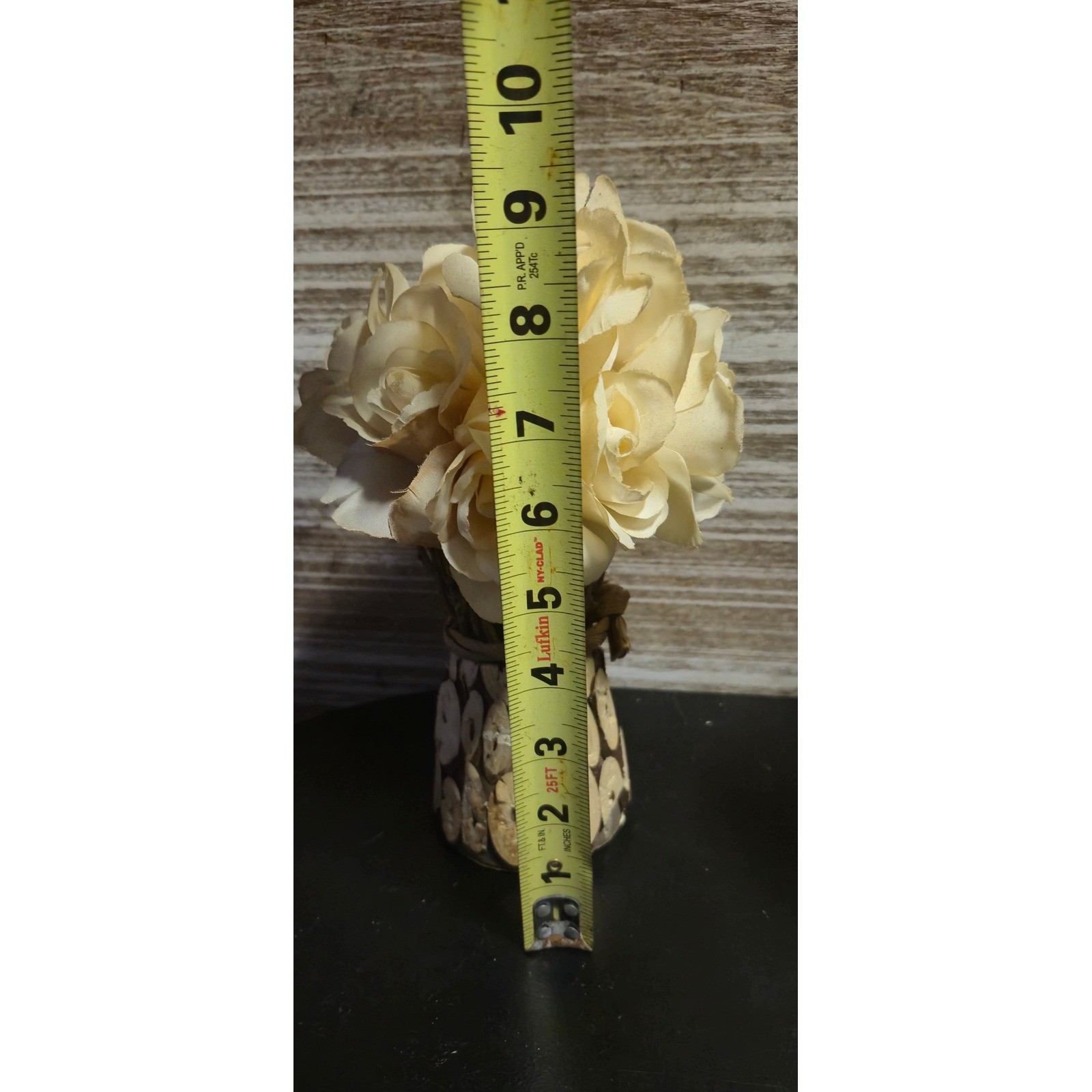 Cream Faux Rose Floral Arrangement in Rustic Wood Slice Base Farmhouse Decor