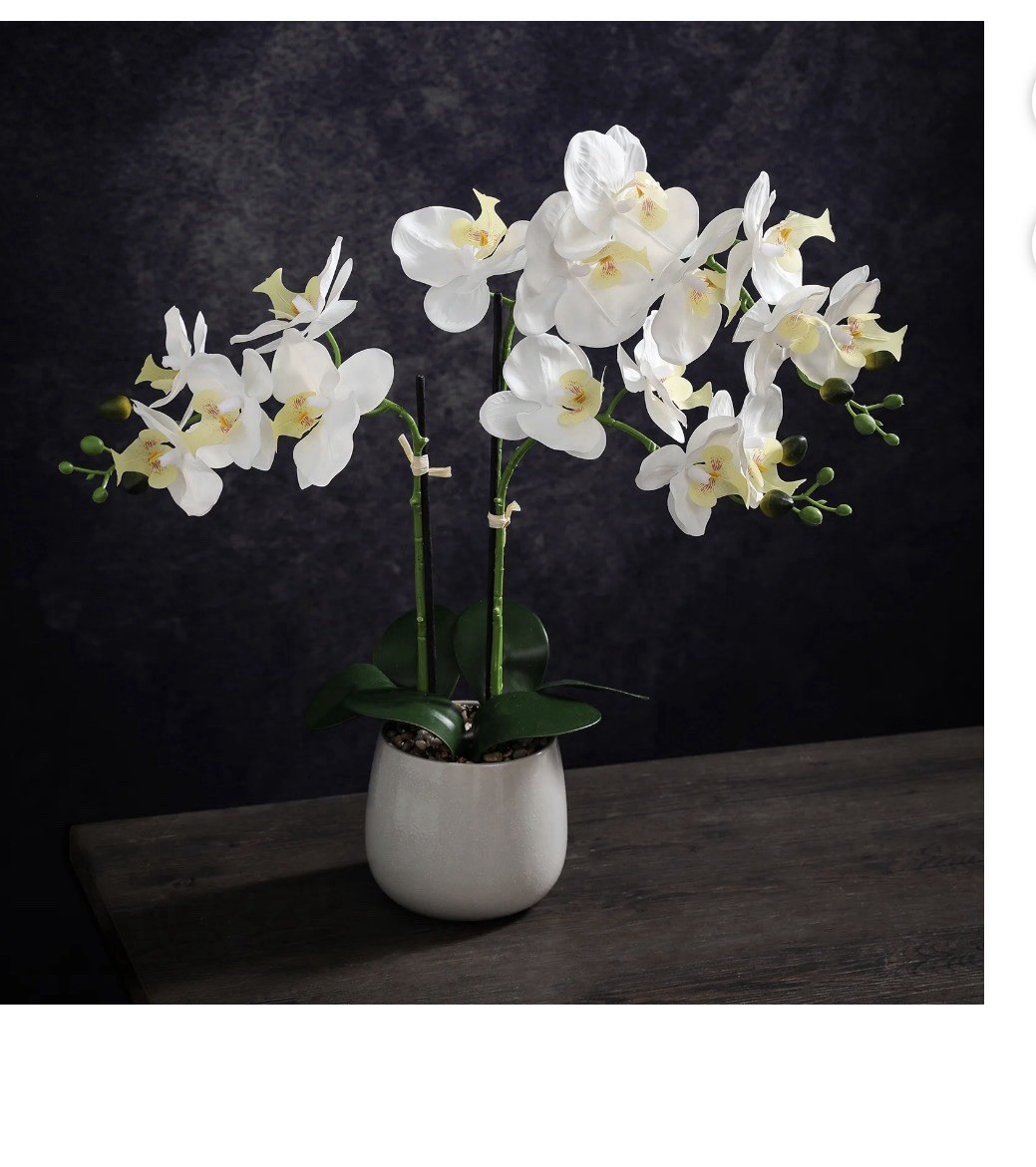 21” Tall Artificial White Orchid Plant In Gray Ceramic Pot Realistic Faux Flower