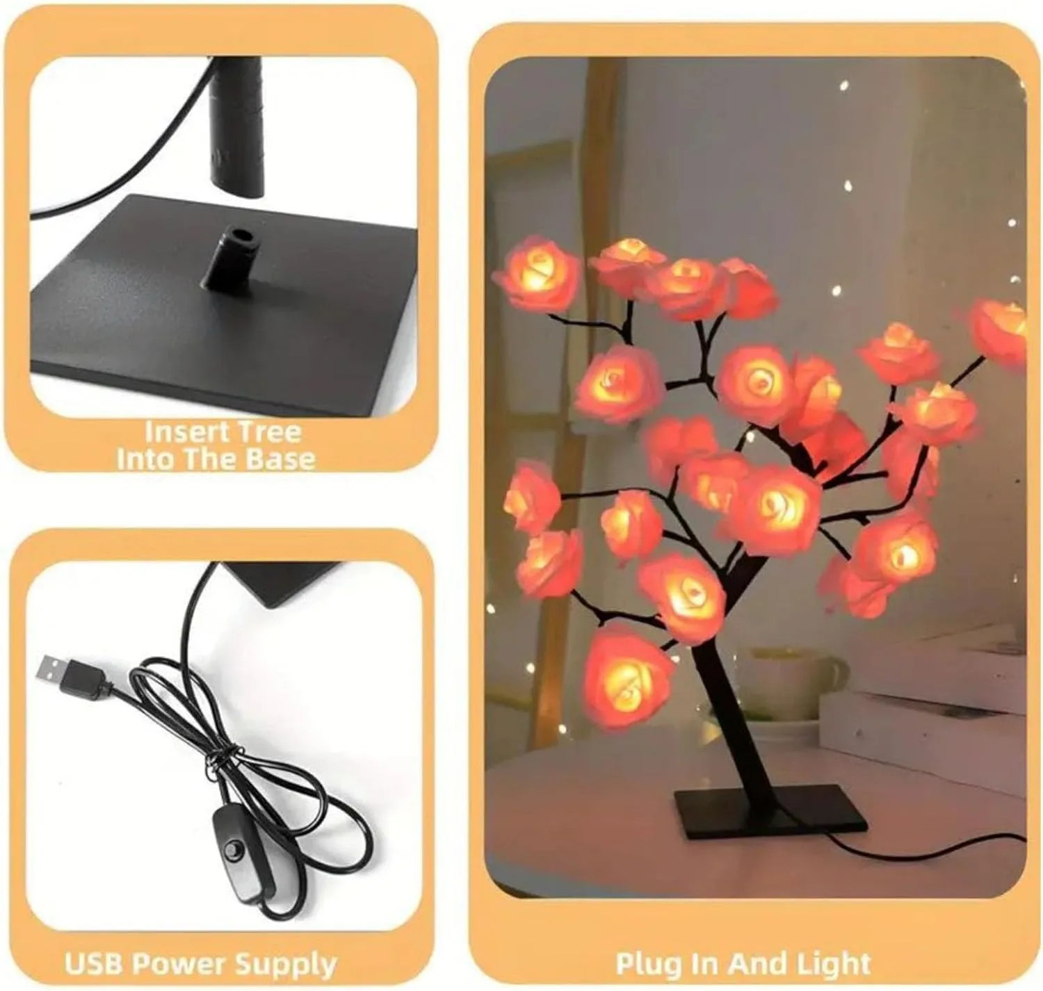 Rose Tree Light Artificial Bonsai Flower Table Lamp USB Battery Powered Romantic
