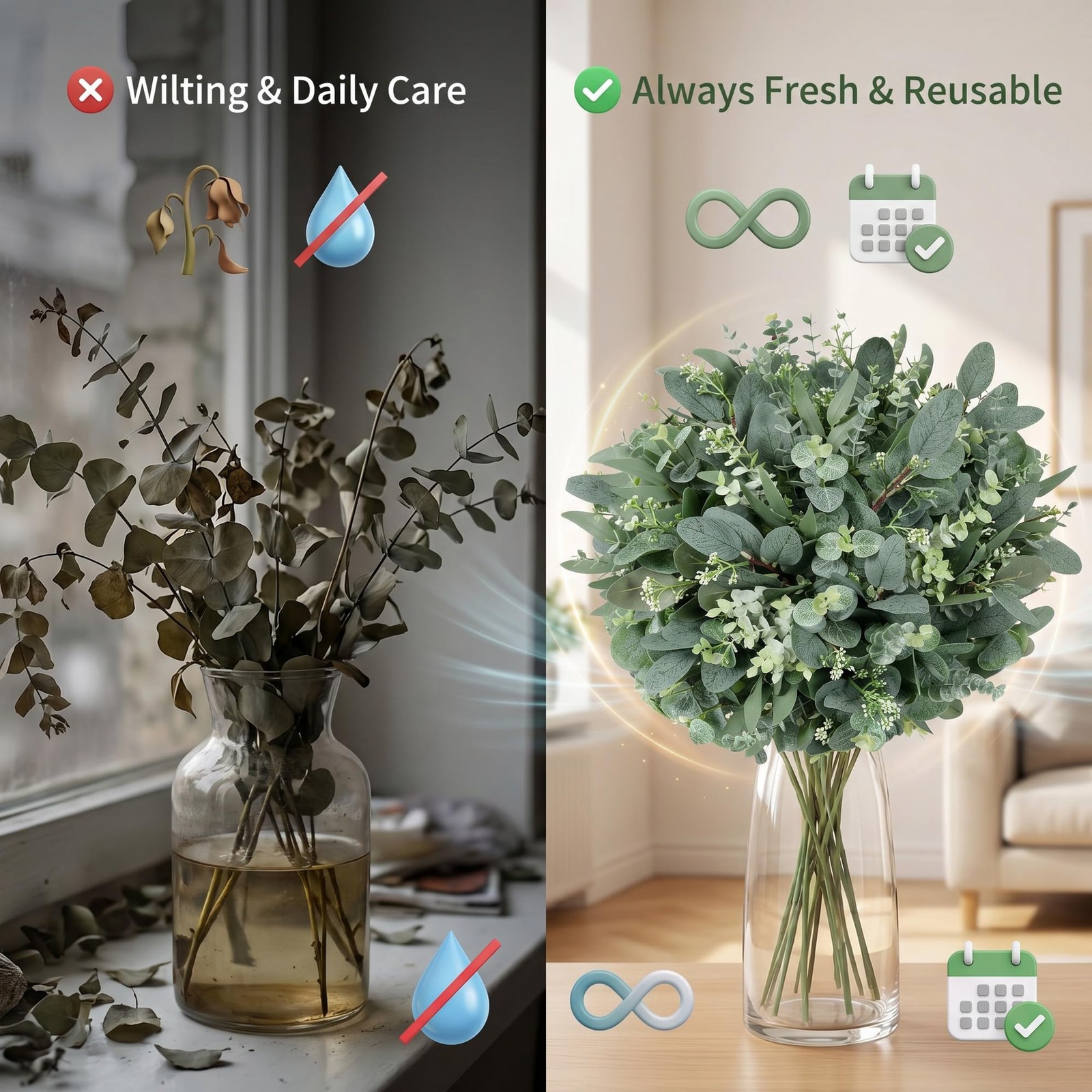 Artificial Mixed Eucalyptus Stems Leaves Bulk – 130pcs Realistic Greenery for…
