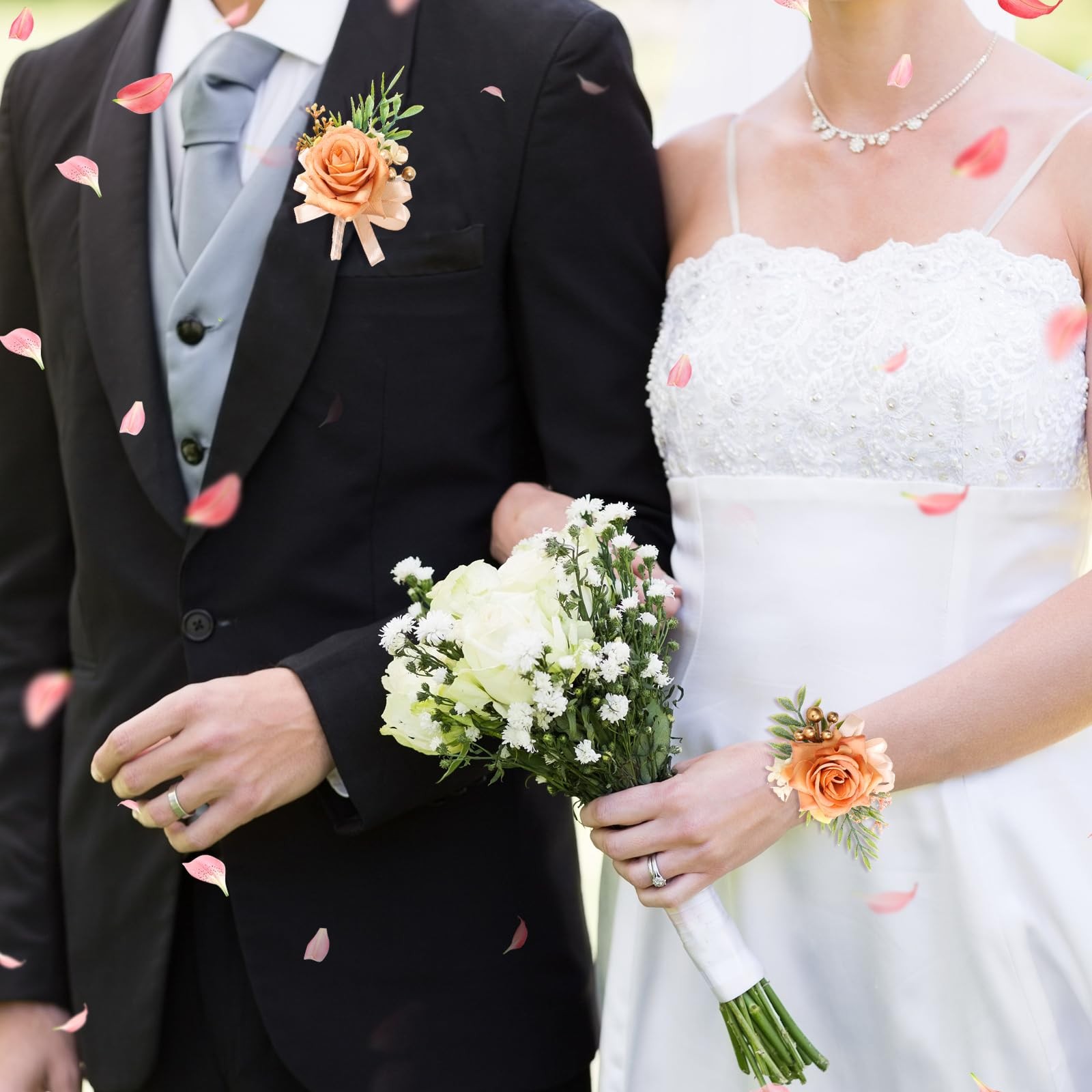 2 PCS Rose Wrist Corsage Boutonniere Set Wedding Artificial Flowers Orange