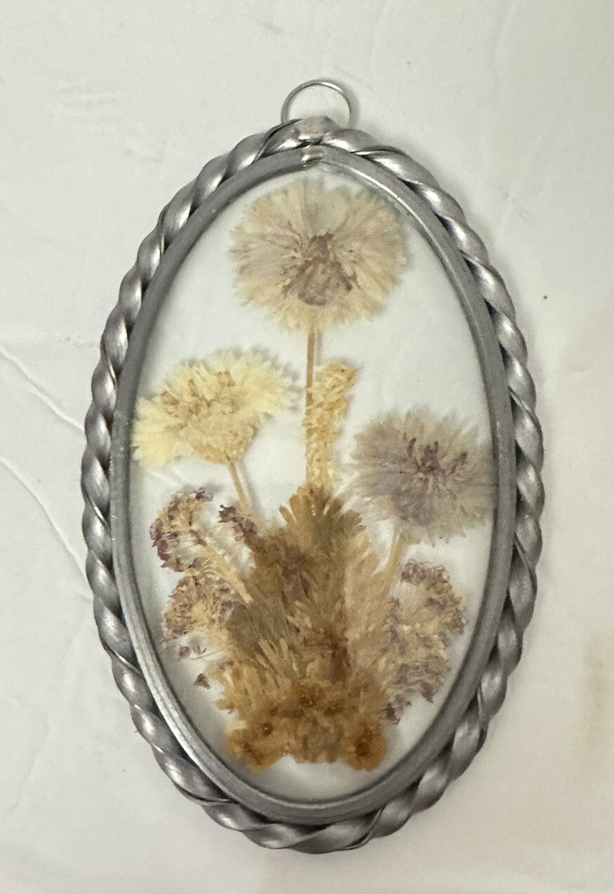 Lasting Impressions Real Pressed Flowers in Glass Oval Metal Frame Suncatcher 6”