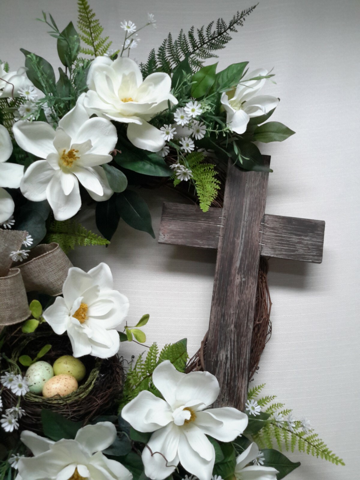 Spring Flower Wreath Easter Cross Door Wall Decor Magnolia Bird Nest Wreath
