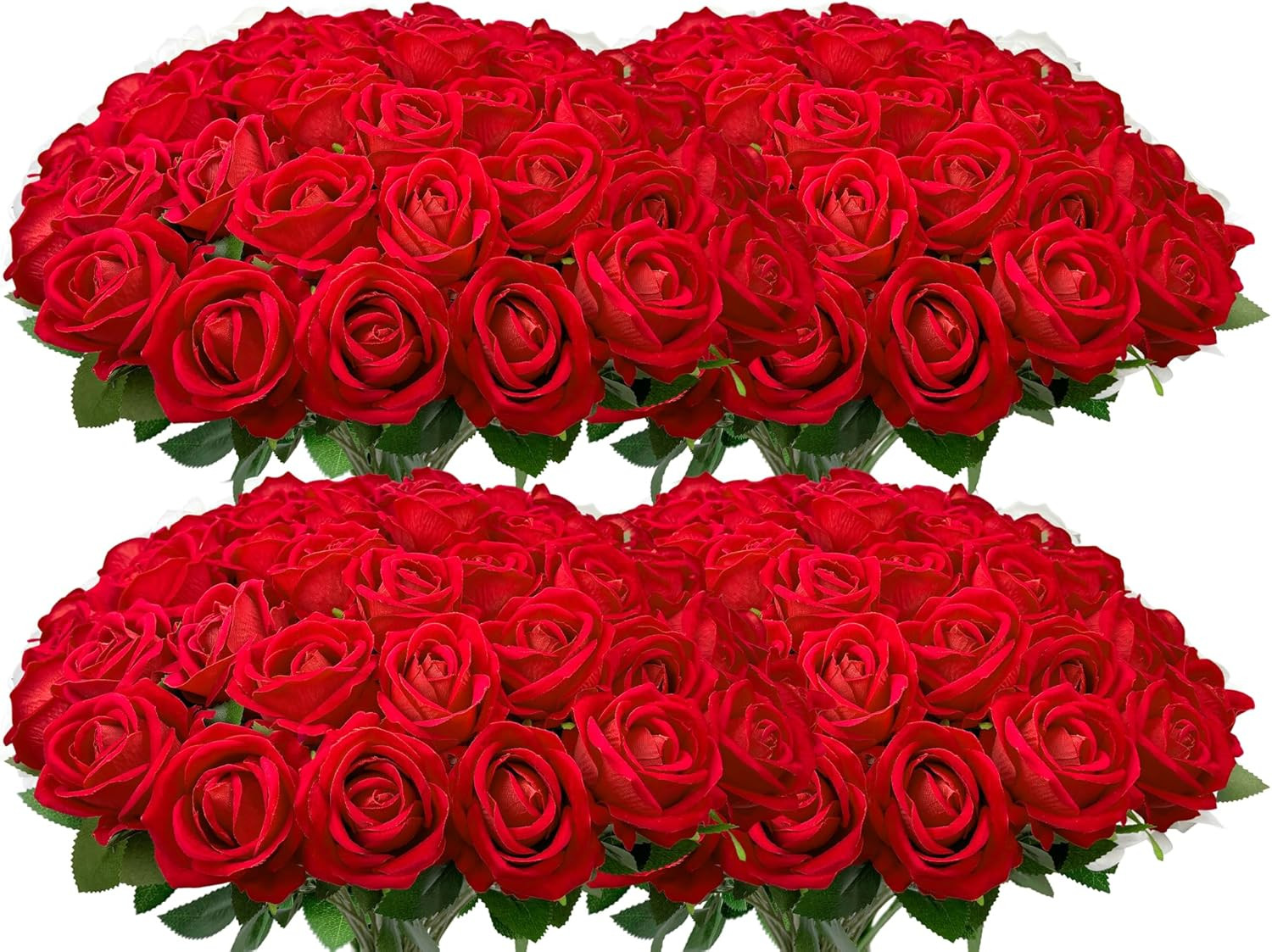100 PCS Velvet Silk Red Roses – Realistic Faux Flowers for Home & Weddings