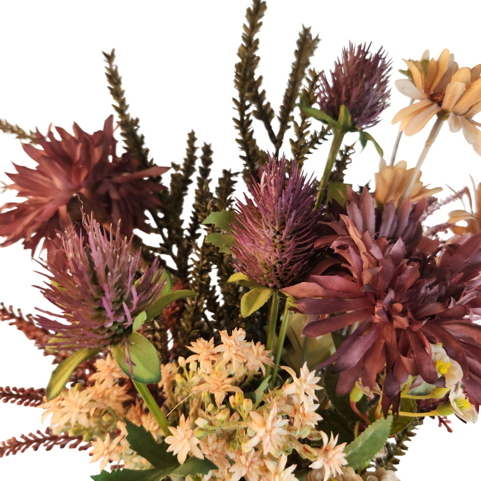Hand Tied Artificial Flower Bouquet With Burgundy Purple Cream and Green Tones