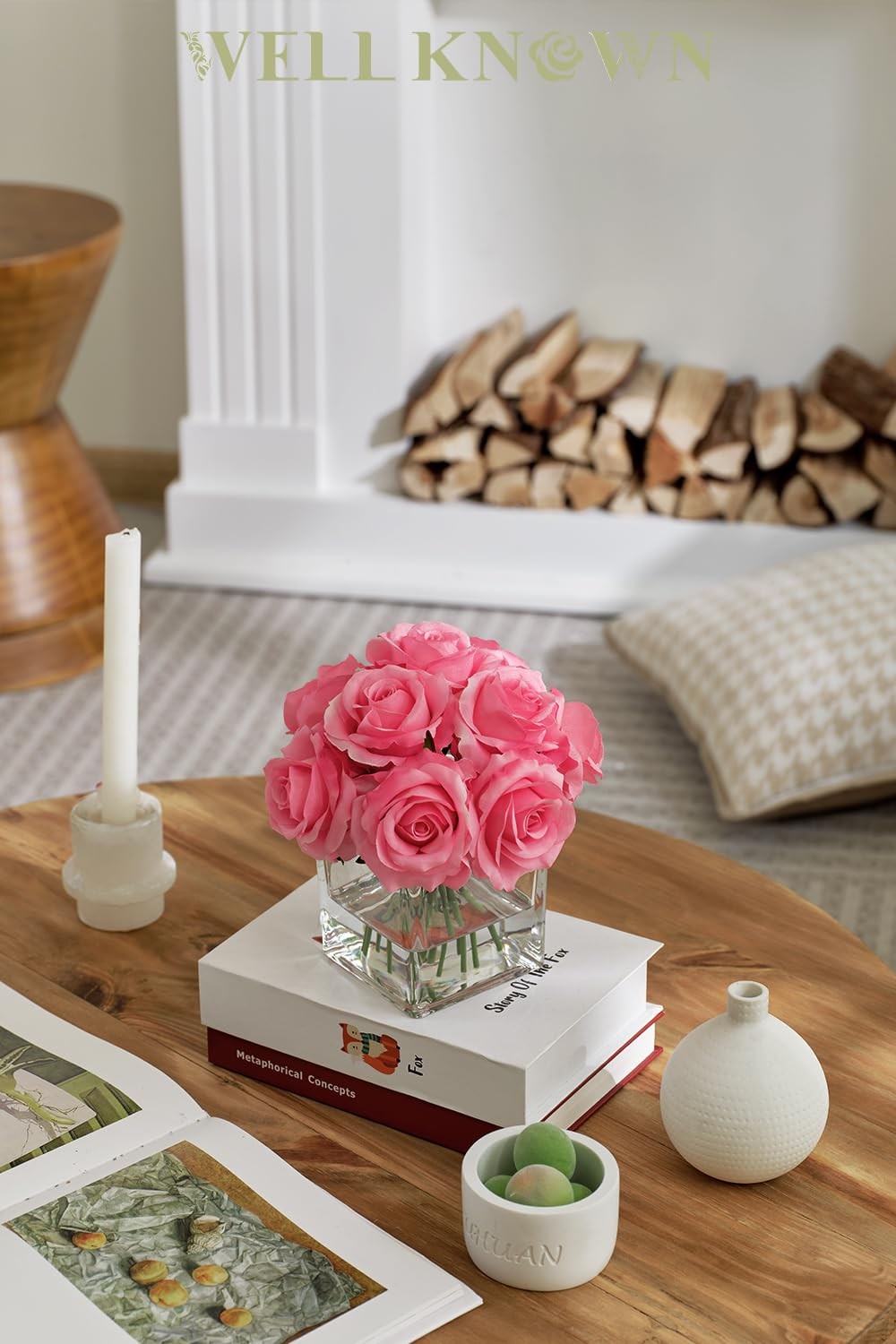 Pink Artificial Rose Flowers In Vase With Faux Water Silk Arrangement Decor