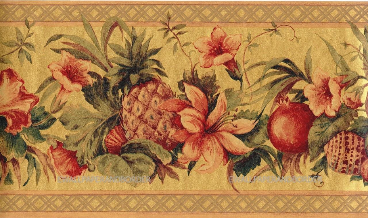 Tuscan Tuscany Kitchen Fruits and Floral with Thatch Trim Wallpaper Border -Gold