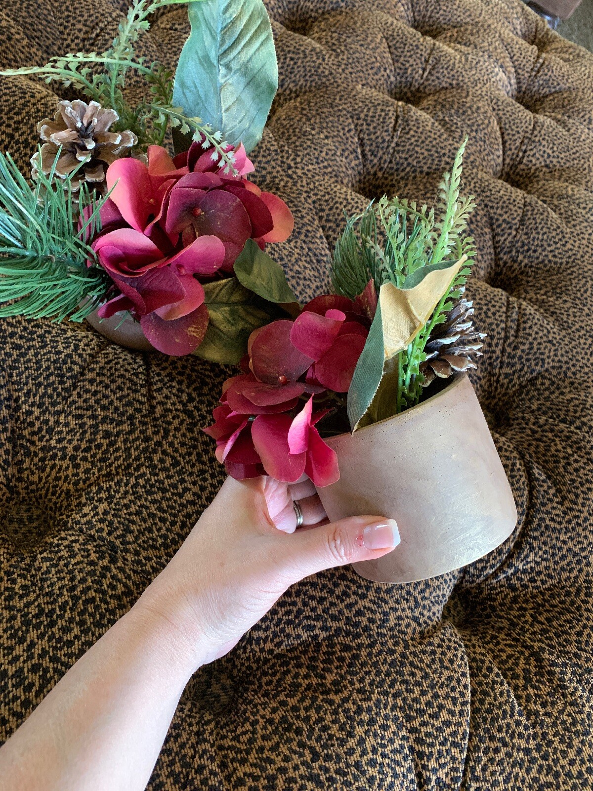 2 Red Hydrangea Floral Plant Greenery Faux Silk Stone Pot 7” Decor Accent