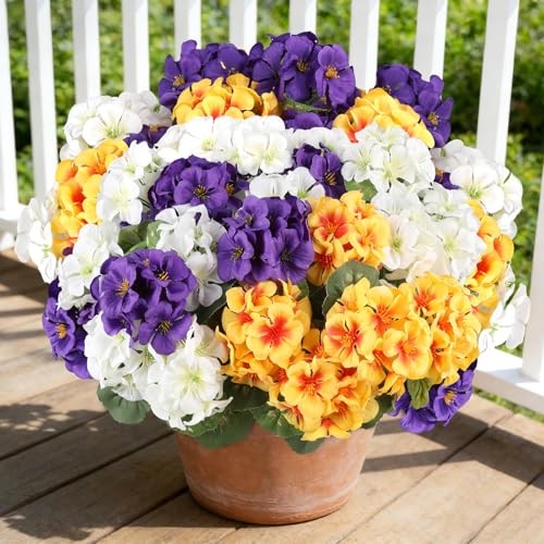Bundles Artificial Geranium Flowers for Outdoors Spring 6 Purple White Yellow