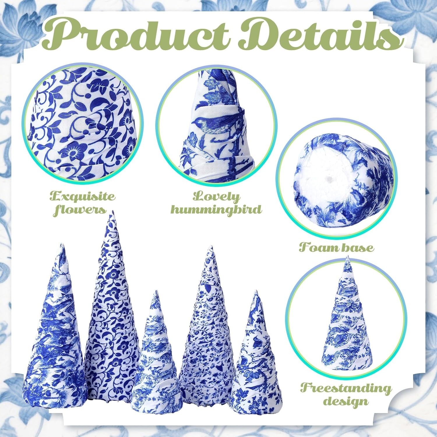 5 Pcs Chinoiserie Christmas Tree Mini Cone Table Decor Blue and White Porcelain
