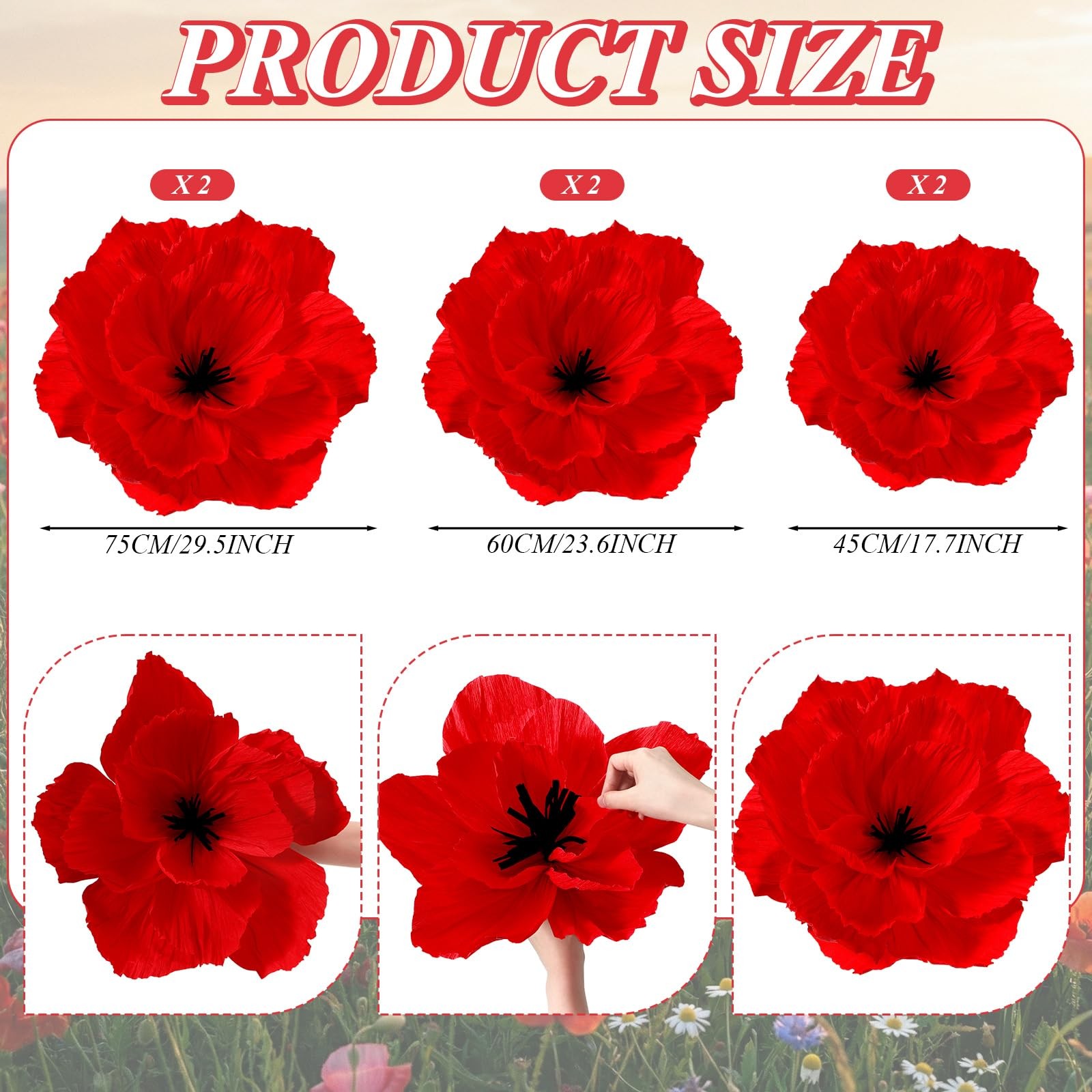 6 Pcs 30” 24” 18” Giant Red Poppy Flowers Wizard Party Decoration Artifici…