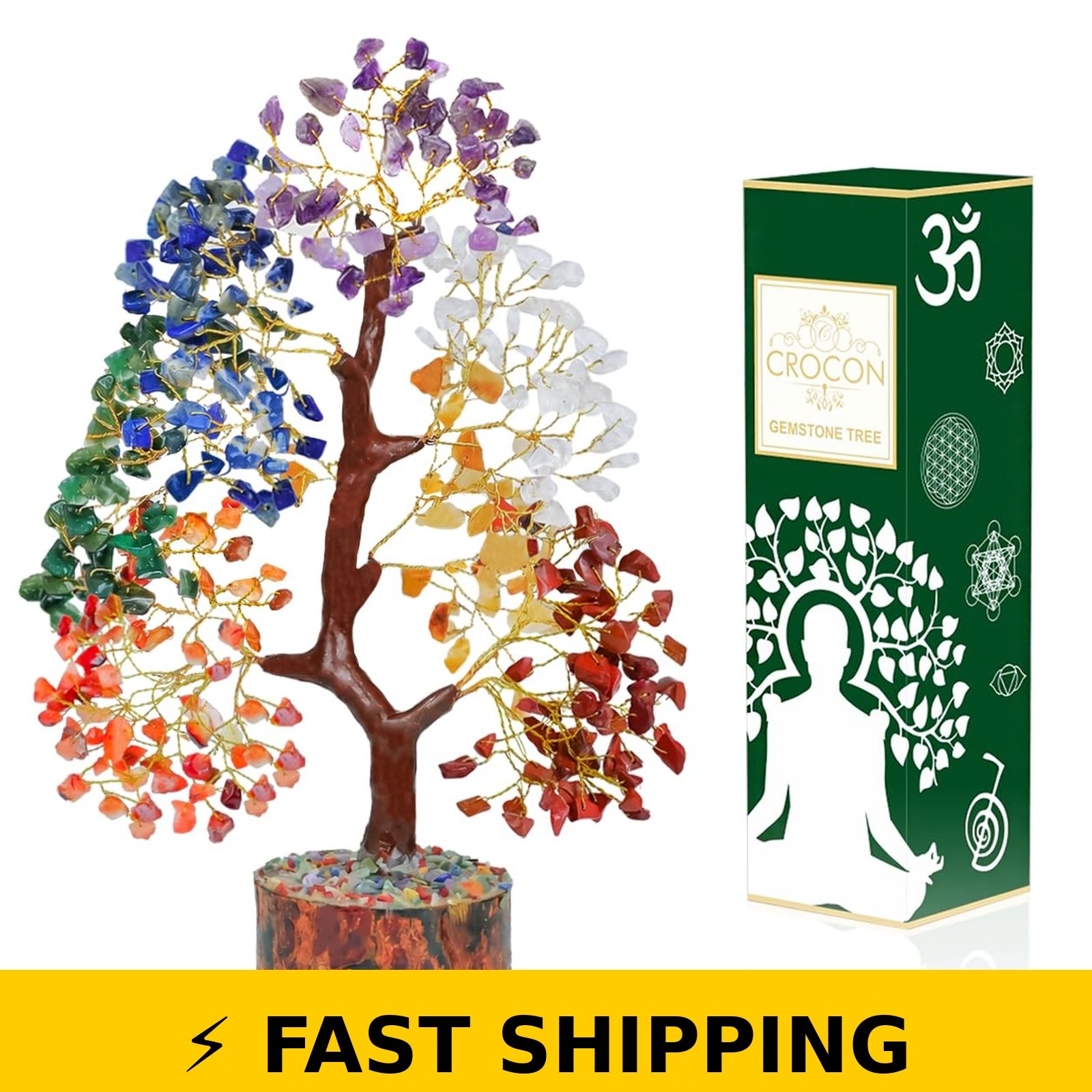 Crocon 7 Chakra Crystal Tree of Life, 10-12 Inch Healing Decor