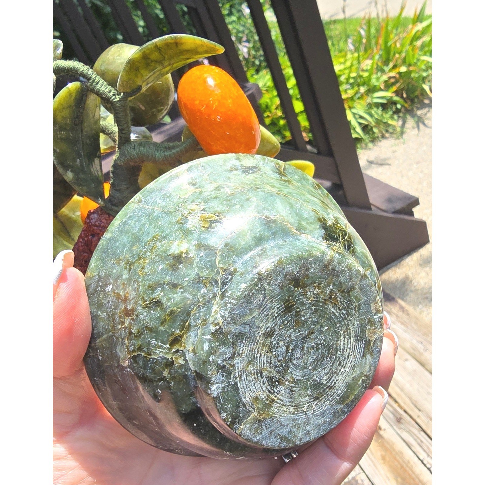 Vintage Chinese Glass Jade Agate Orange Persimmon Bonsai Tree Carved Pot