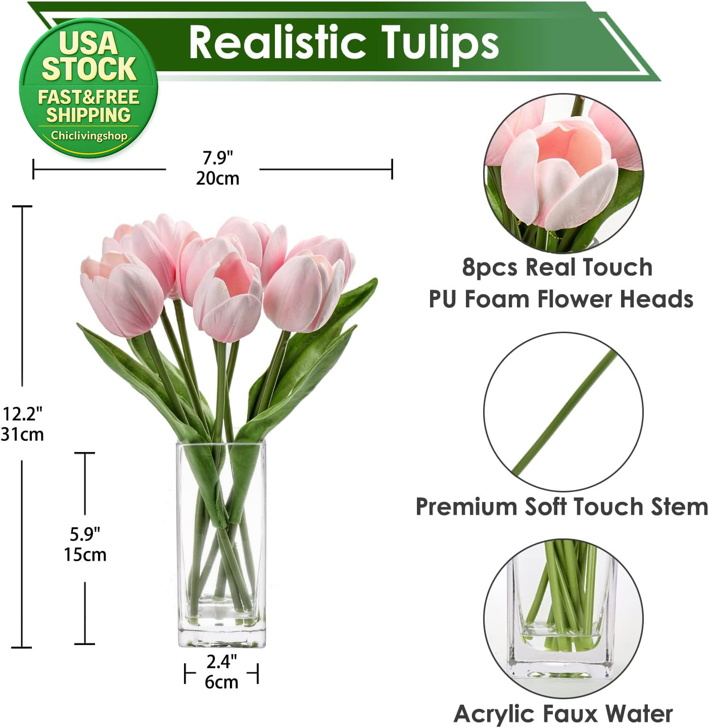 Artificial Tulip Flowers Pink Real Touch Foam Arrangement in Clear Vase 13.5In