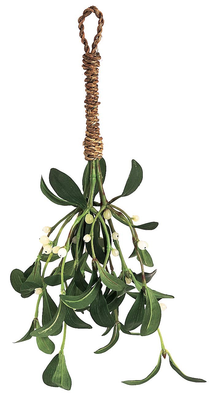Artificial Silk Green Mistletoe with white berries and has a natural jute cor…