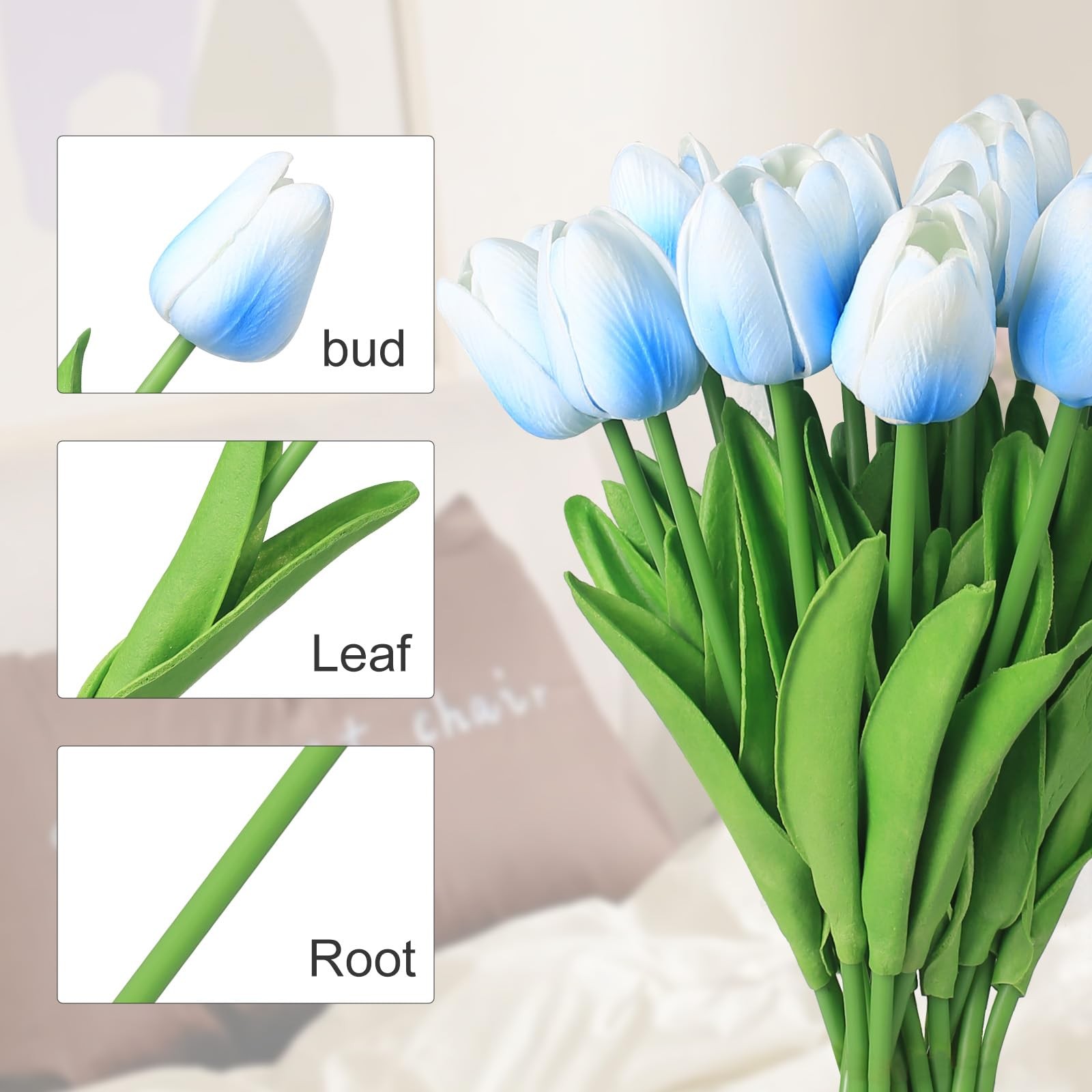 20 Pcs 13” Real Touch Light-Blue Tulips Artificial Flowers, Latex PU Fake Fau…