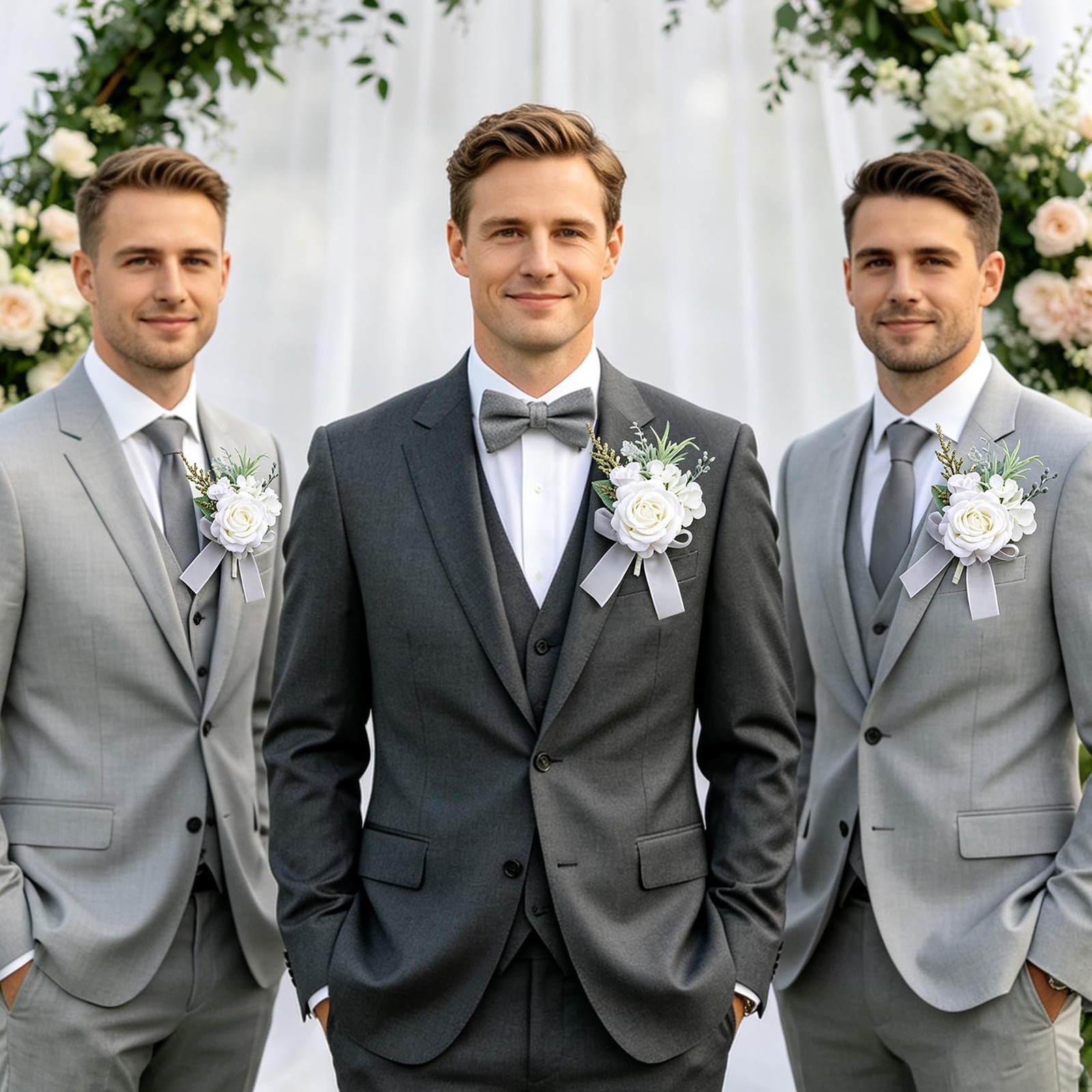 6 PCS Elegant Artificial White Rose Boutonniere For Men Wedding Prom Groom