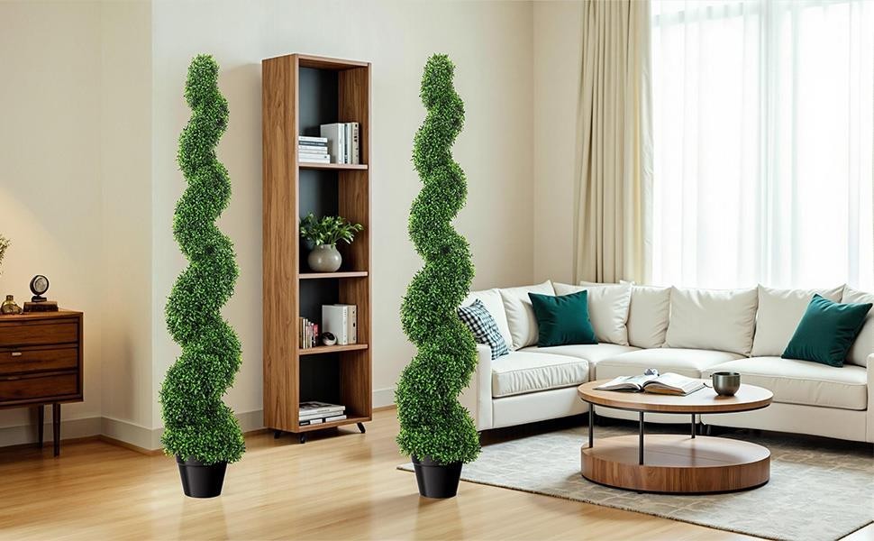 2PCS 5FT Artificial Boxwood Spiral Topiary Trees Rust-Resistant Faux Green Plan
