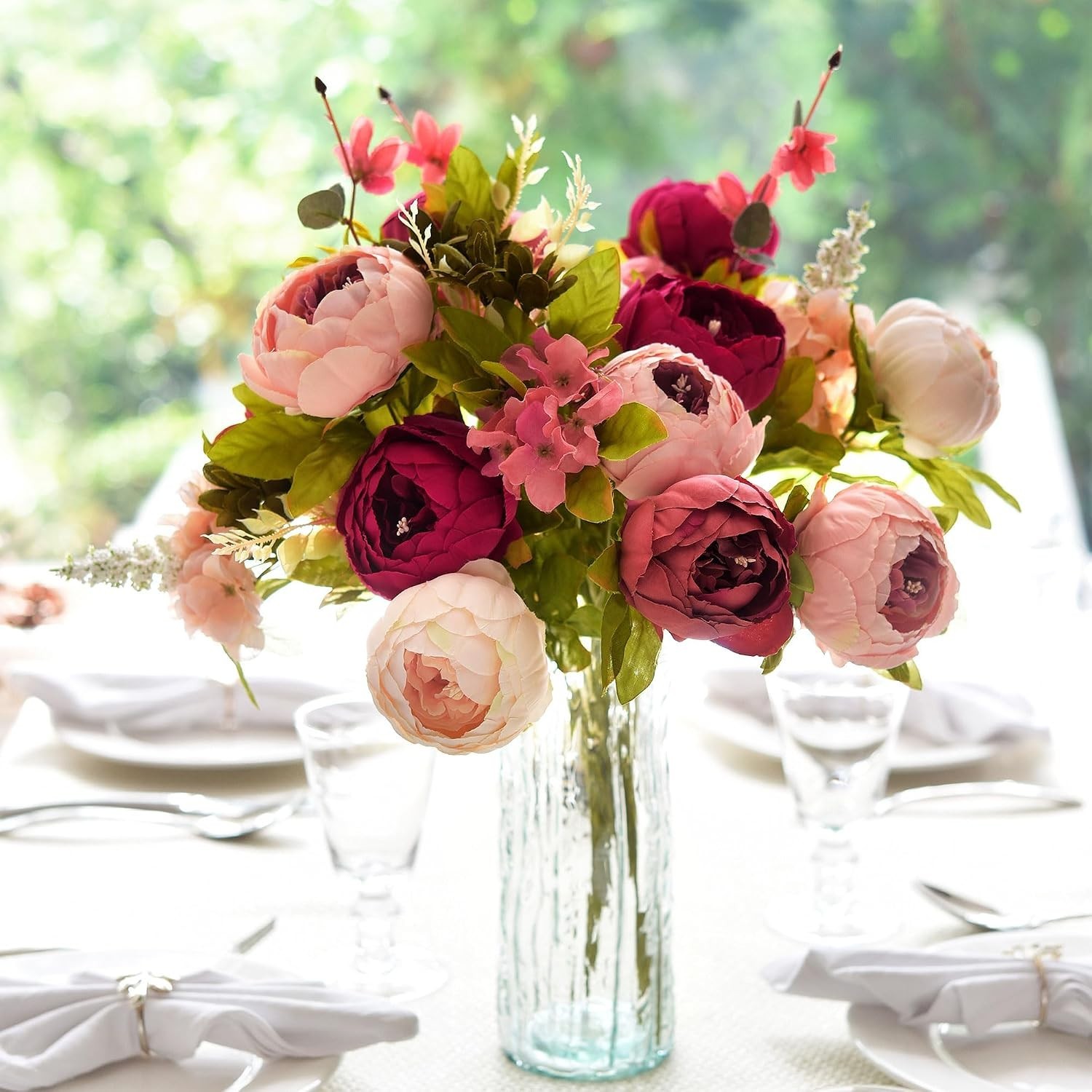 Romantic Pink Red Silk Peonies Hydrangeas