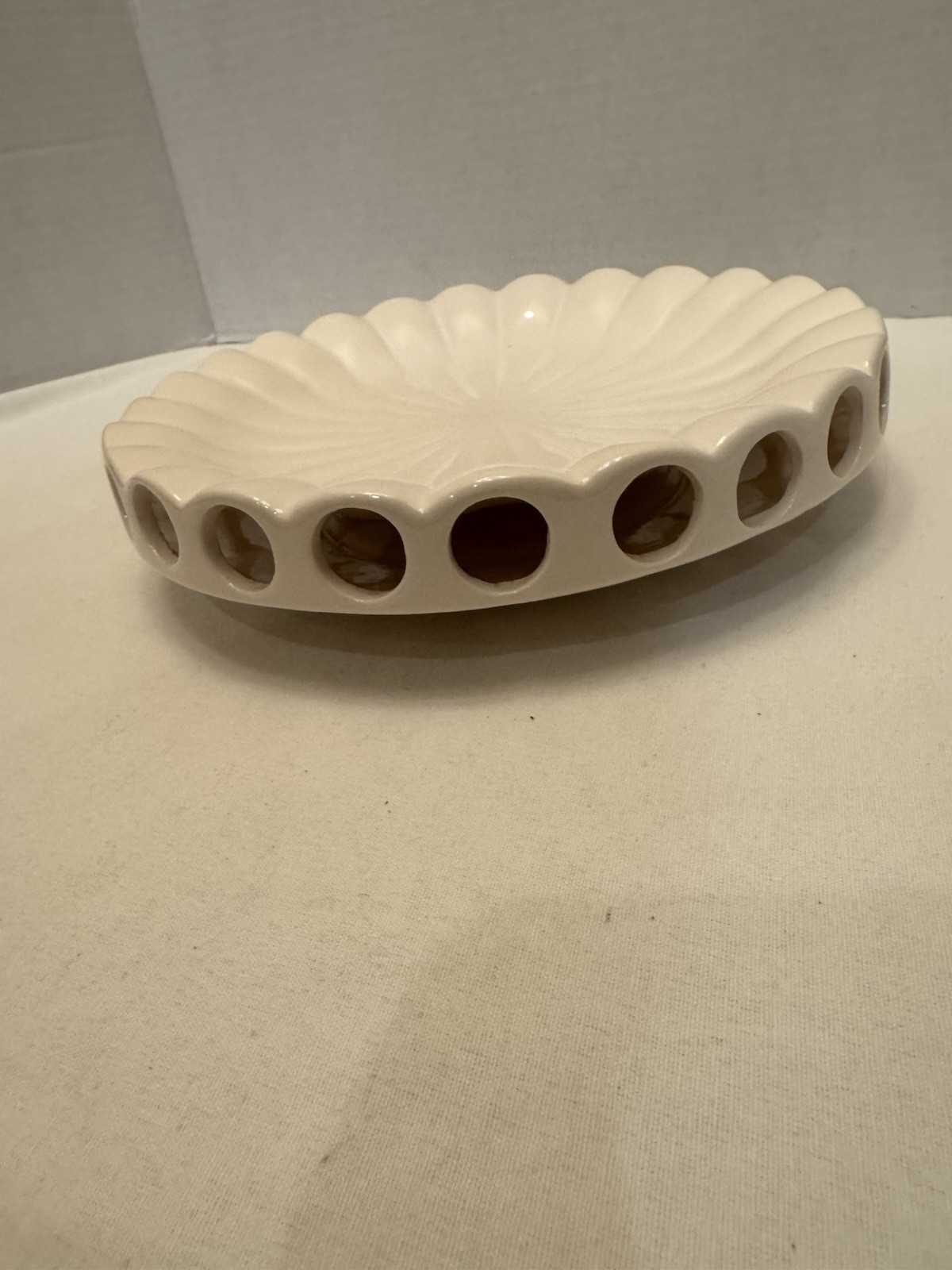 New in Box Vintage White Ceramic Flower Frog Centerpiece Bowl, Unused 7 1/4”.