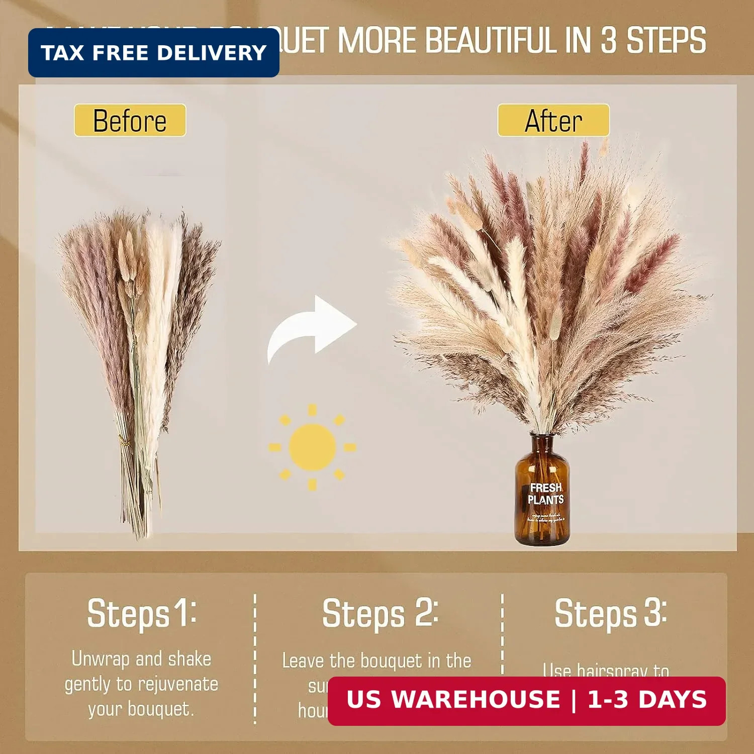 N&T NETING Dried Pampas Grass Decor- White Pampas Grass, Brown Pampas, Bunny Tai