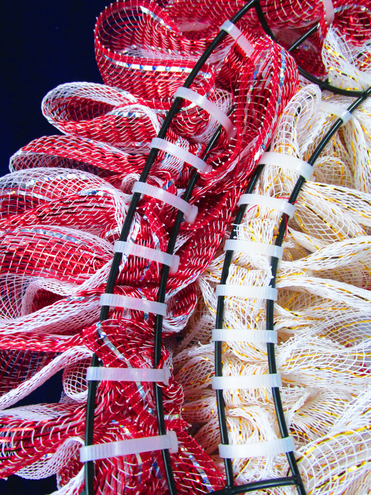 Red and White Poof Deco Mesh Christmas Ribbon Wreath