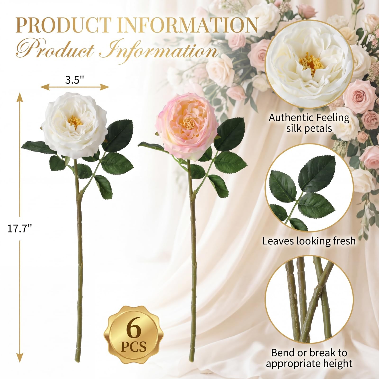 6 PCS Artificial Realistic Touch Peony Fake Flowers Soft Pink White Bouquet