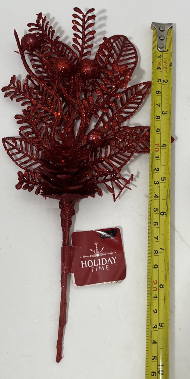 3 Holiday Time Christmas Red Glitter Floral Decor Picks 10×4 Inch NWT