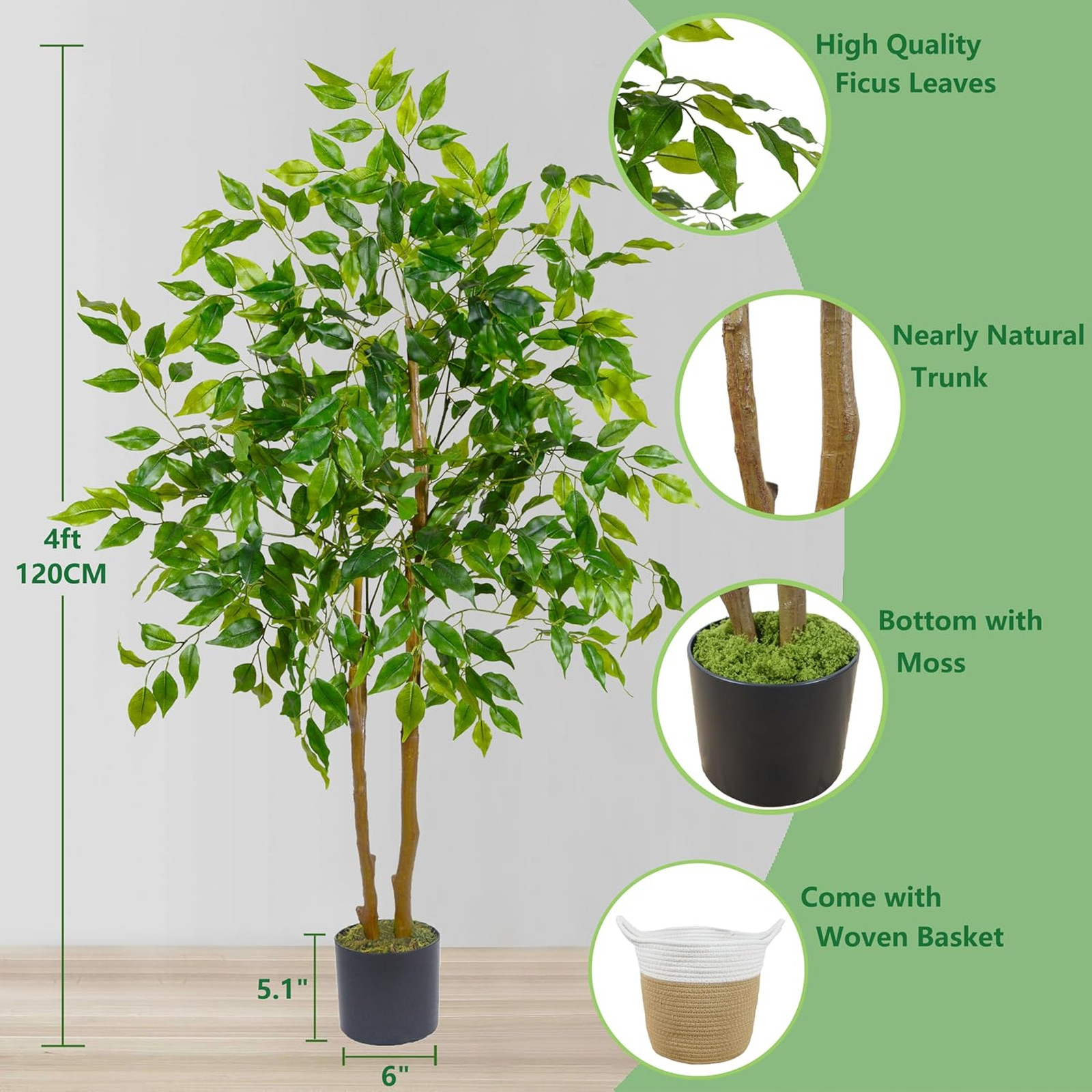 Artificial Ficus Tree, 4ft Tall Faux Ficus Plant with Basket for Indoor Outdoor