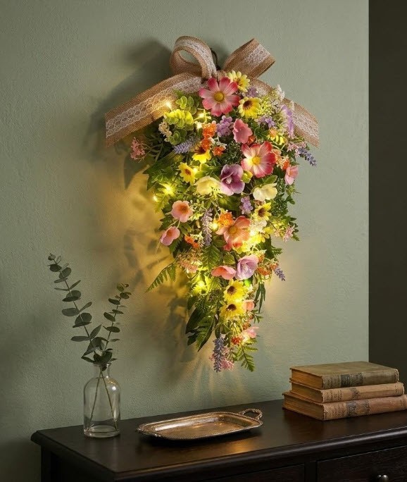 Spring Summer Teardrop Swag for Front Door-Porch-Wall with LED Lights Artificial