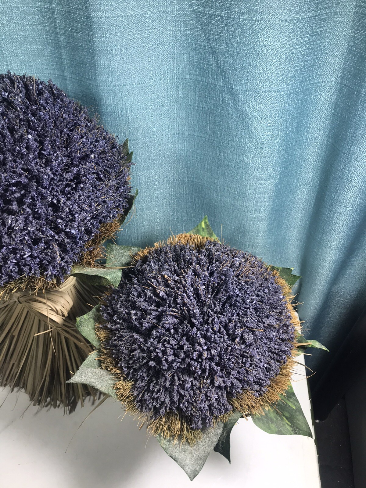 Artificial Lavender Bouquet Pair Free Standing Rounded Bunch w Grass Bow