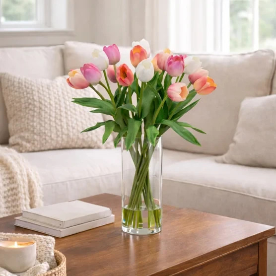 TULIPS FAKE ARTIFICIAL FLOWER FLORAL ARRANGEMENT SILK FLOWERS CERAMIC VASE NEW
