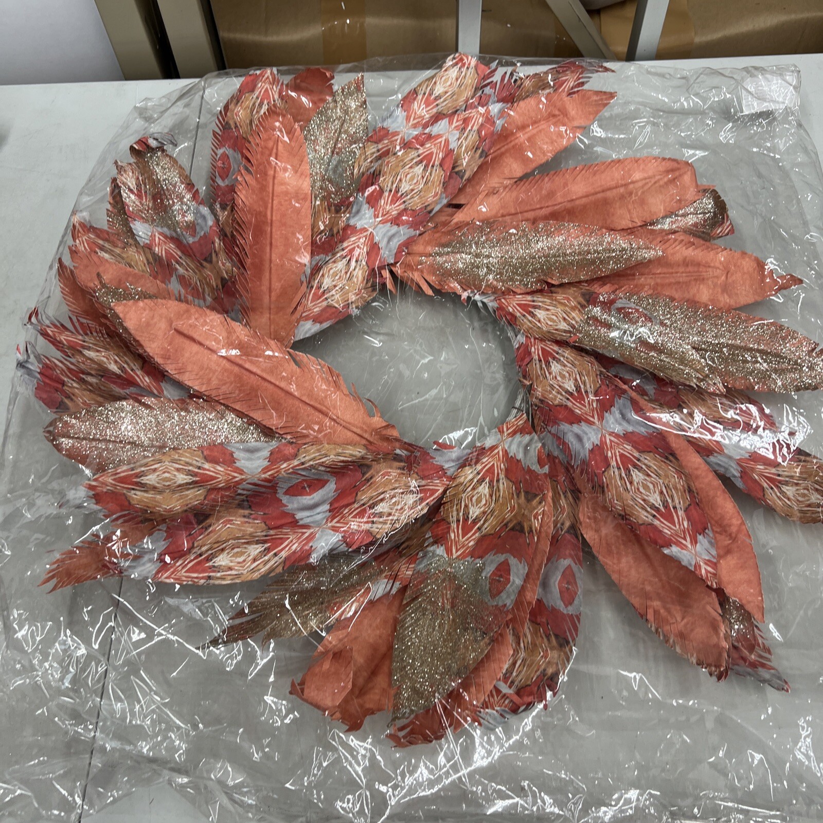 Lot Of 10 Dept 56 Coast Pacific Gold Watercolor Faux Feather Wreath Orange 24”