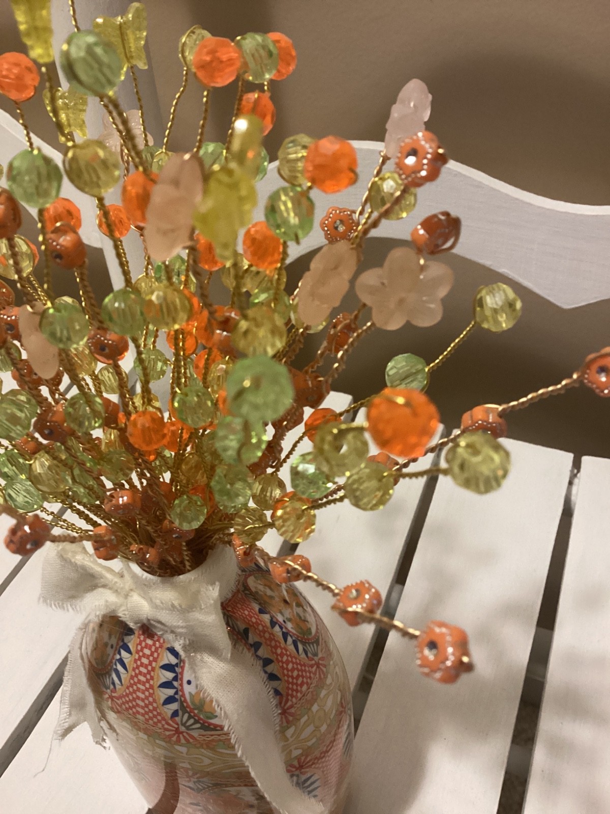 HANDMADE WIRE BEADED BOUQUET HOME DECOR YELLOW ORANGE GREEN WITH BOW