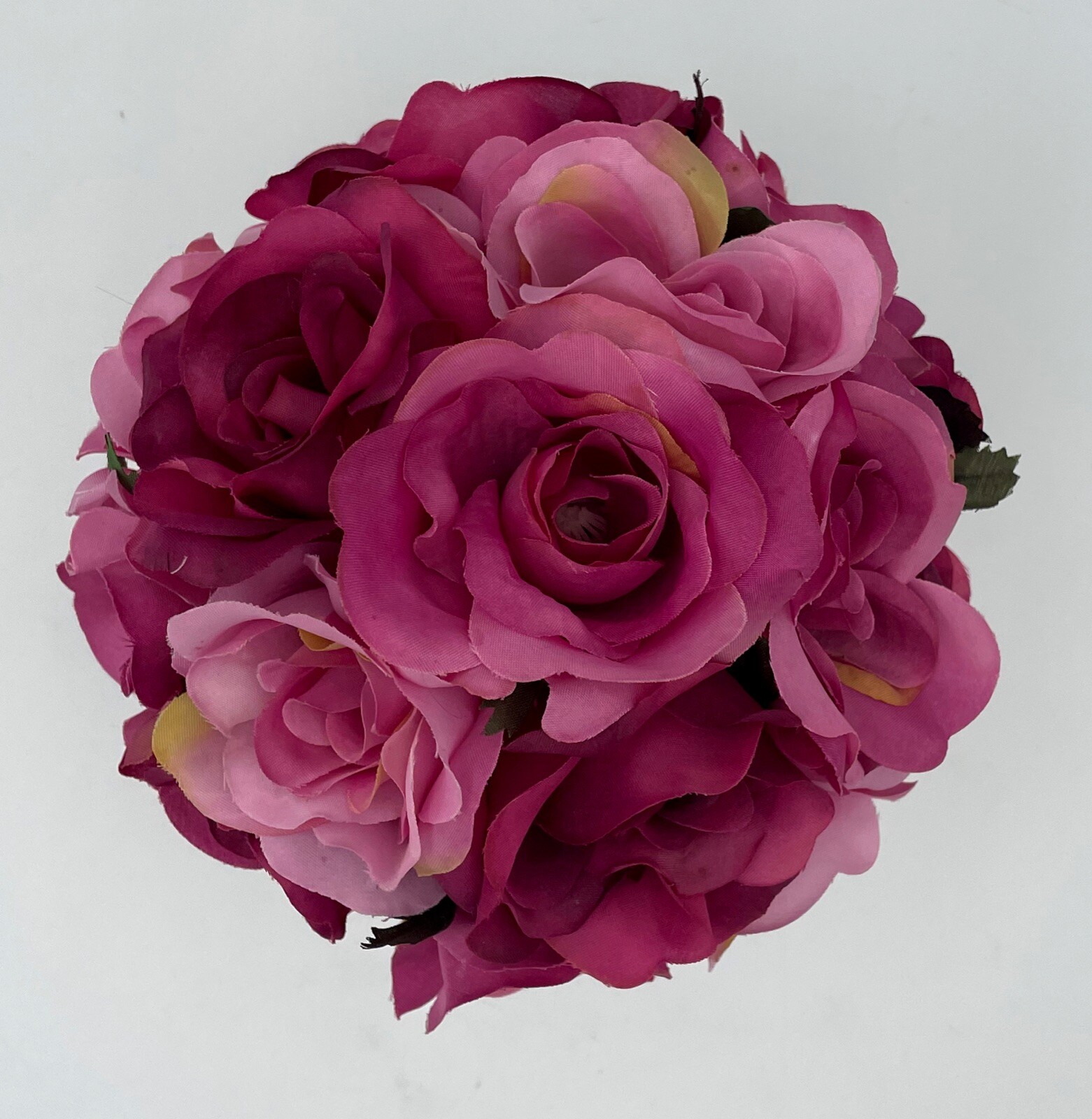7″ Small Artificial PINK BOUQUET Faux Silk Open Roses w/Beige/Tan Ceramic Vase